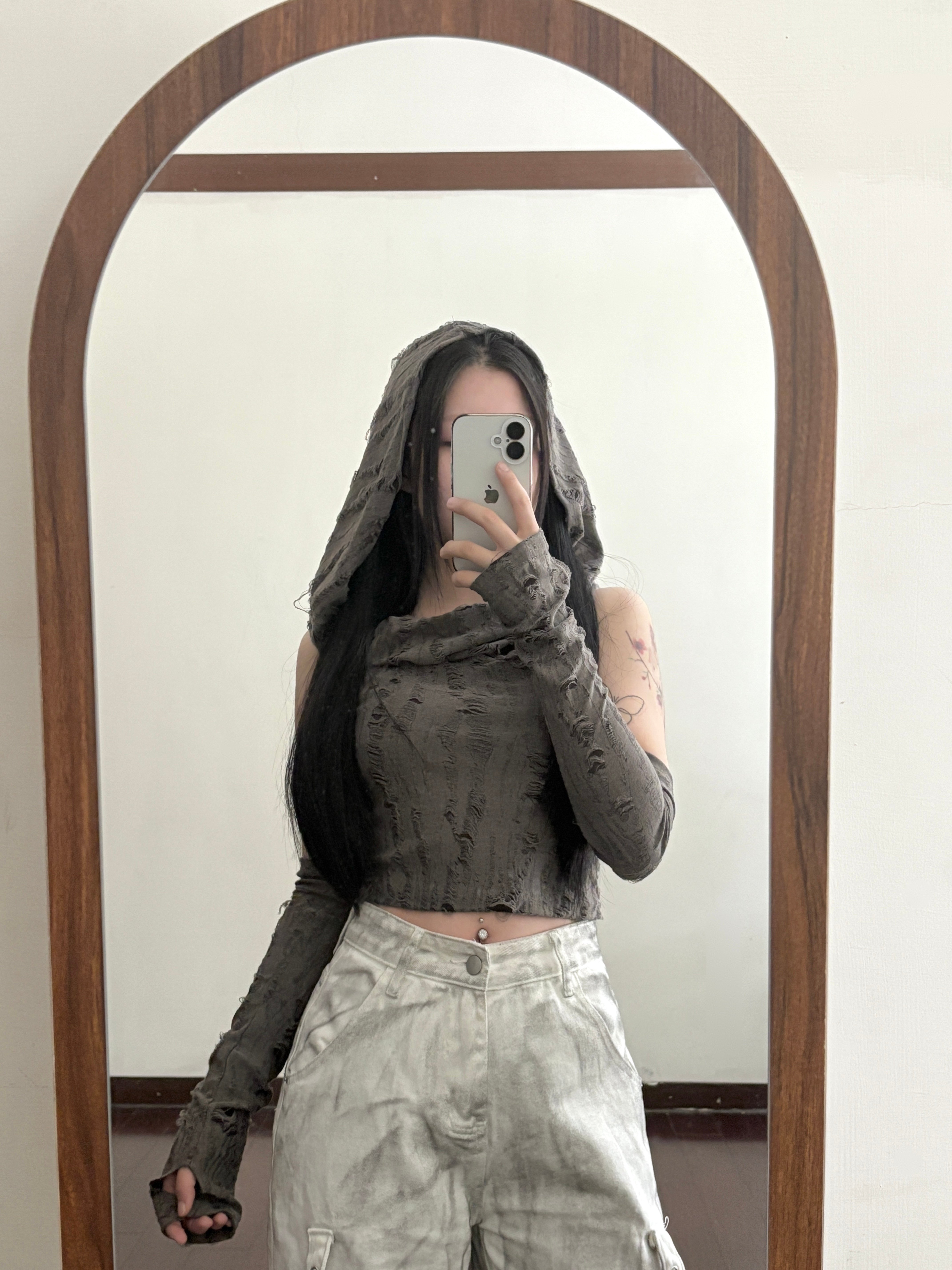 廢土風刷破堆堆連帽短版背心(附袖套)