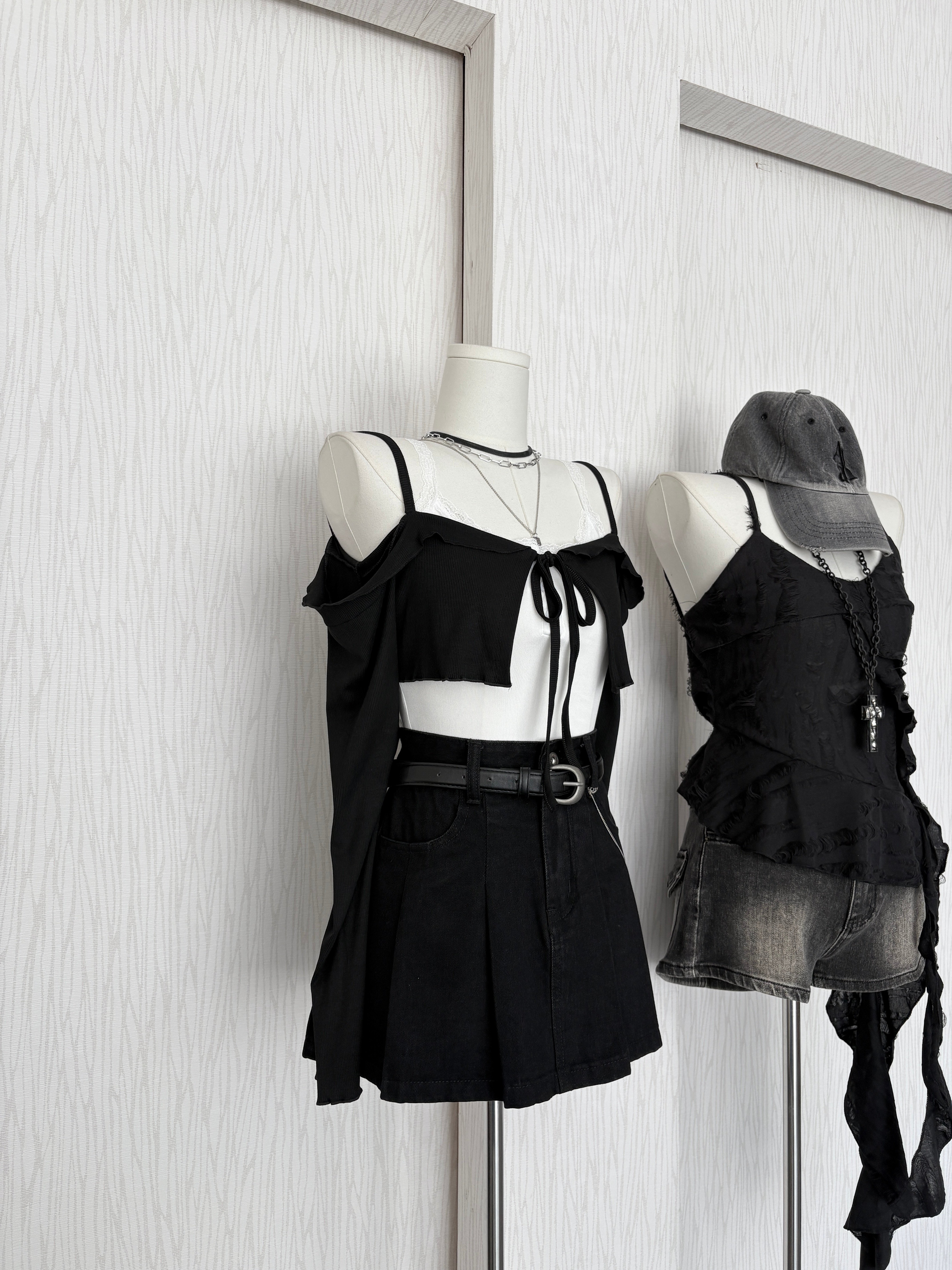 細肩荷葉領綁結長袖棉質短罩衫