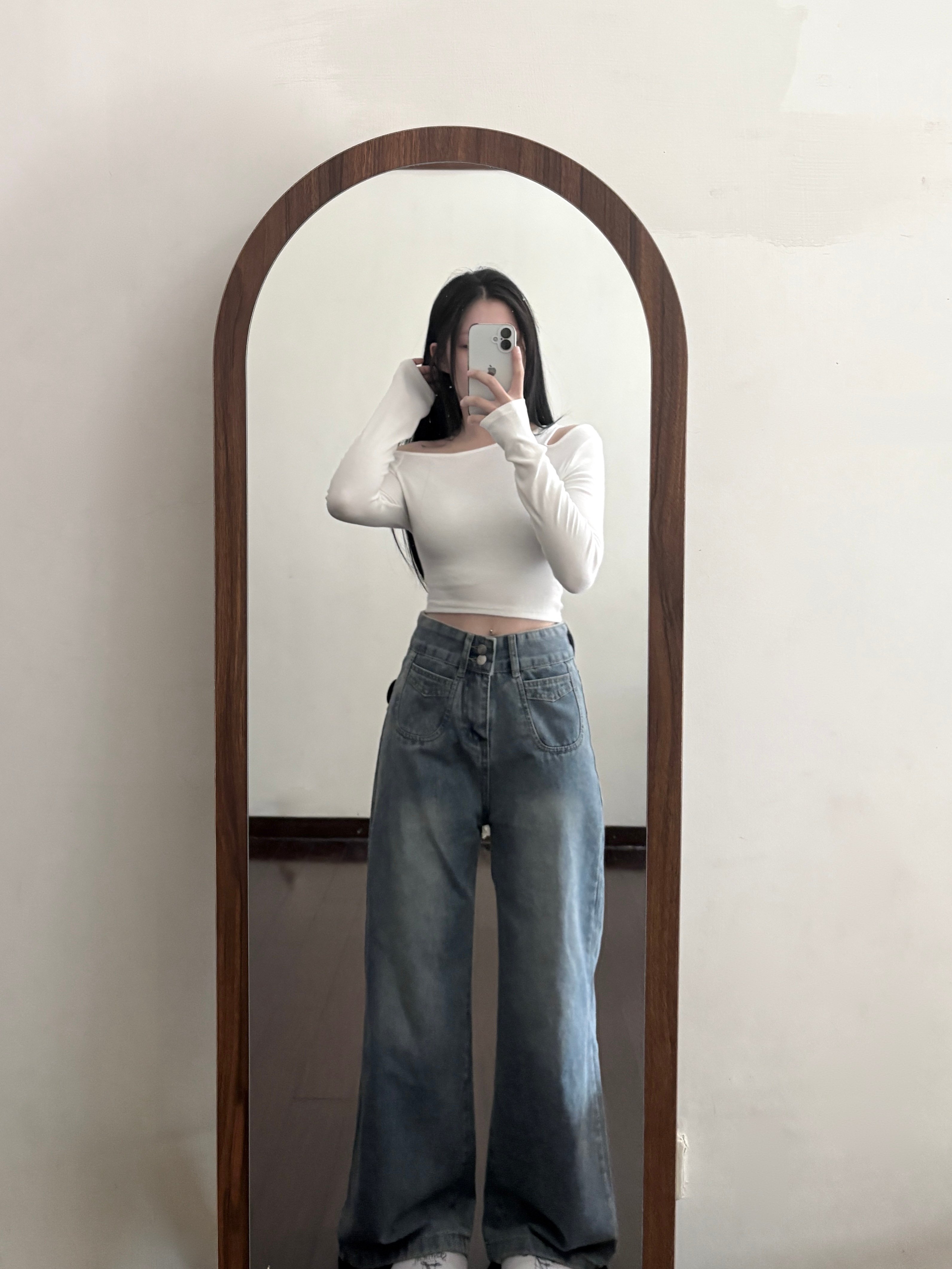 雙釦方口袋淺藍色高腰直筒牛仔寬褲