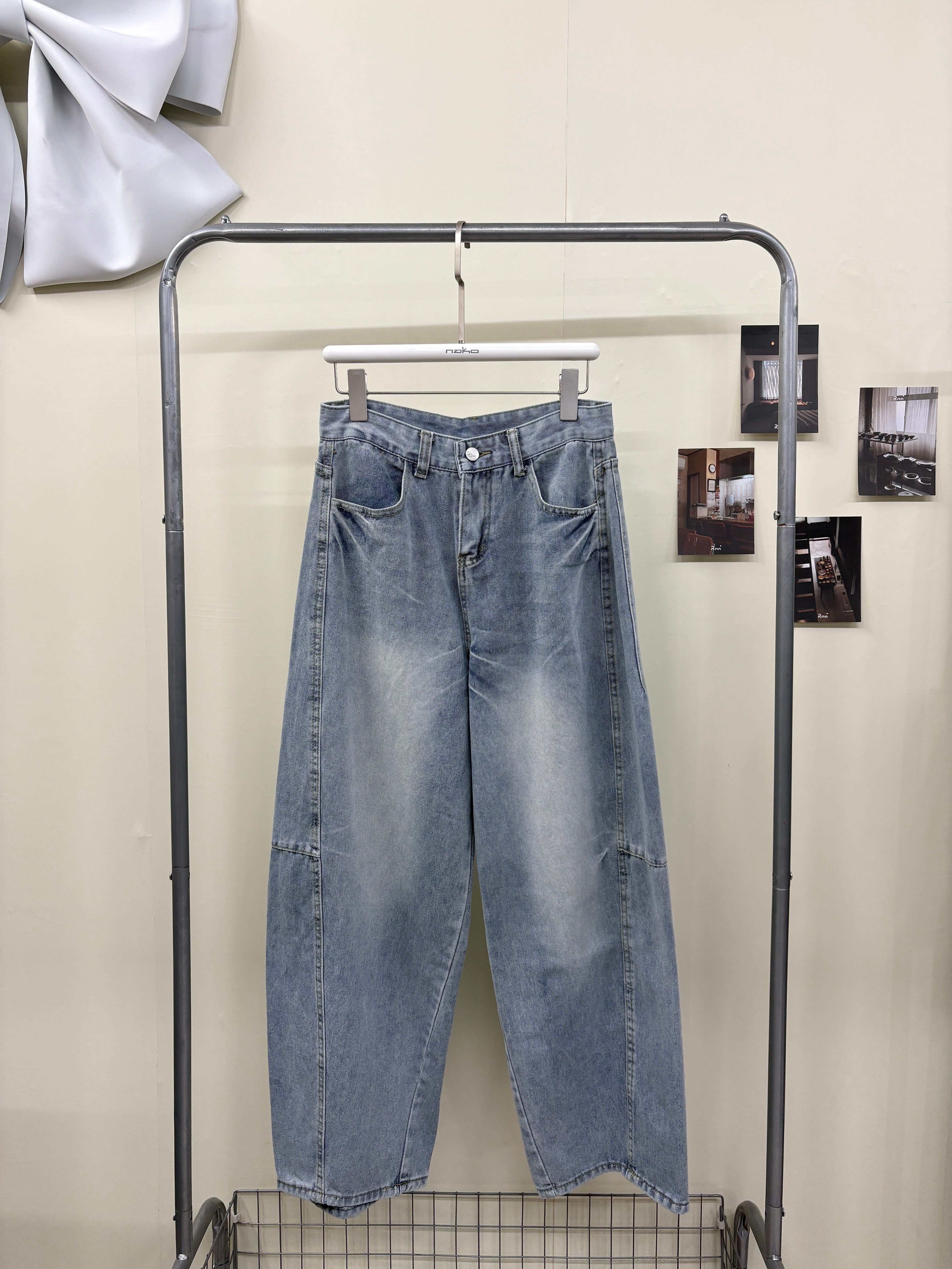 基本款刷白淺藍牛仔彎刀褲(S~XL)