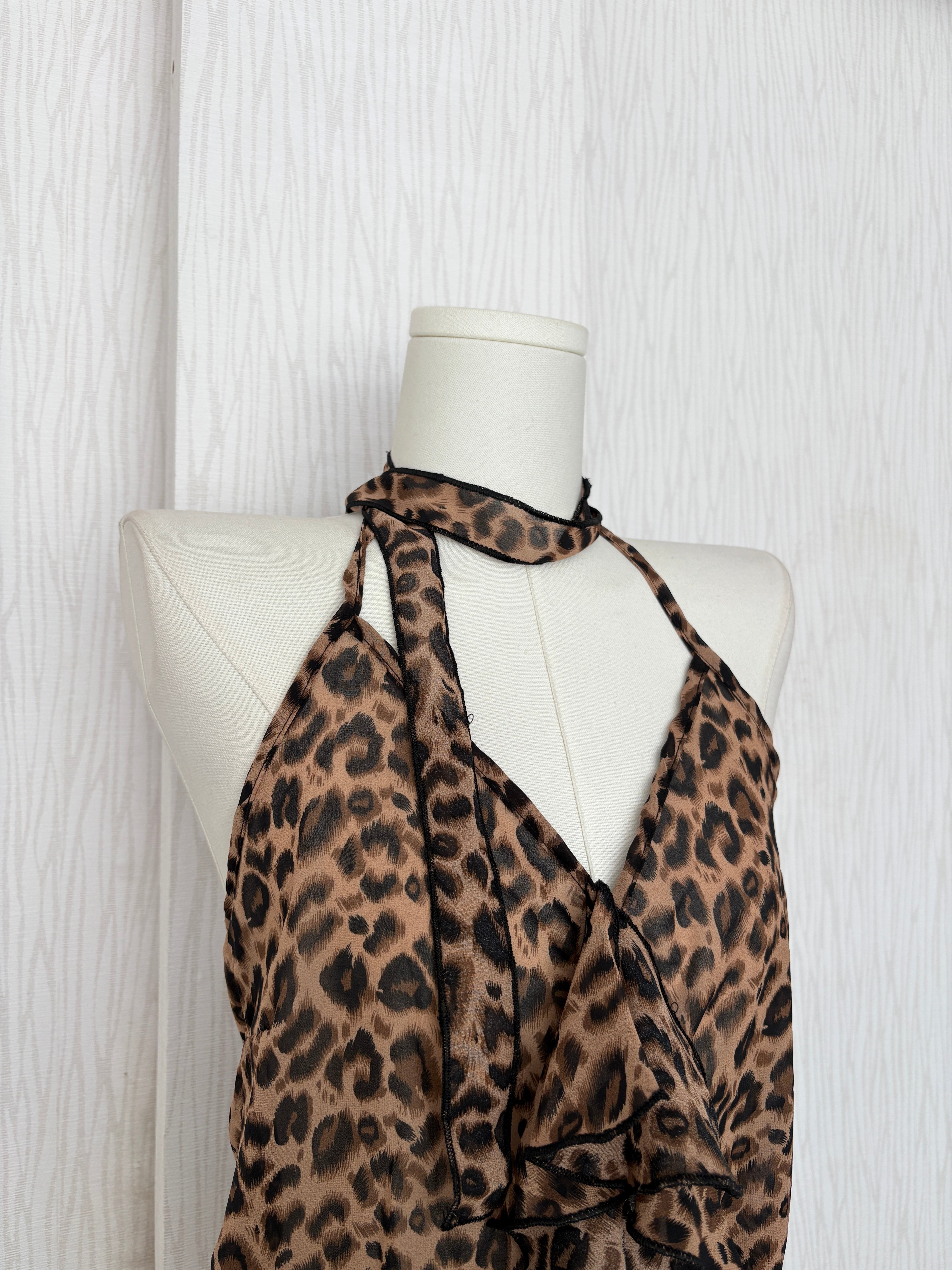 豹紋掛脖綁帶薄雪紡背心(附脖圍)