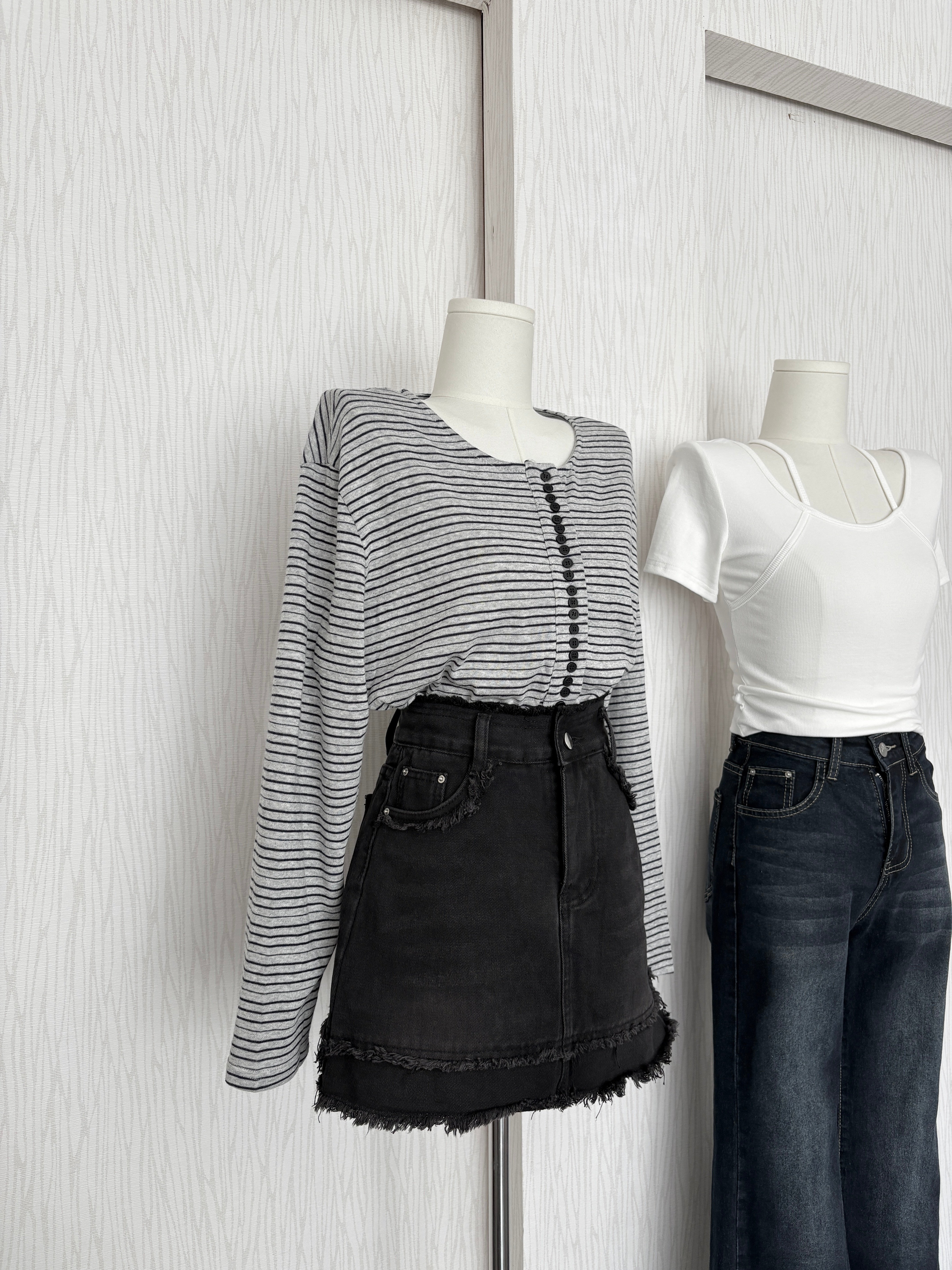 雙層毛邊黑色牛仔短褲裙