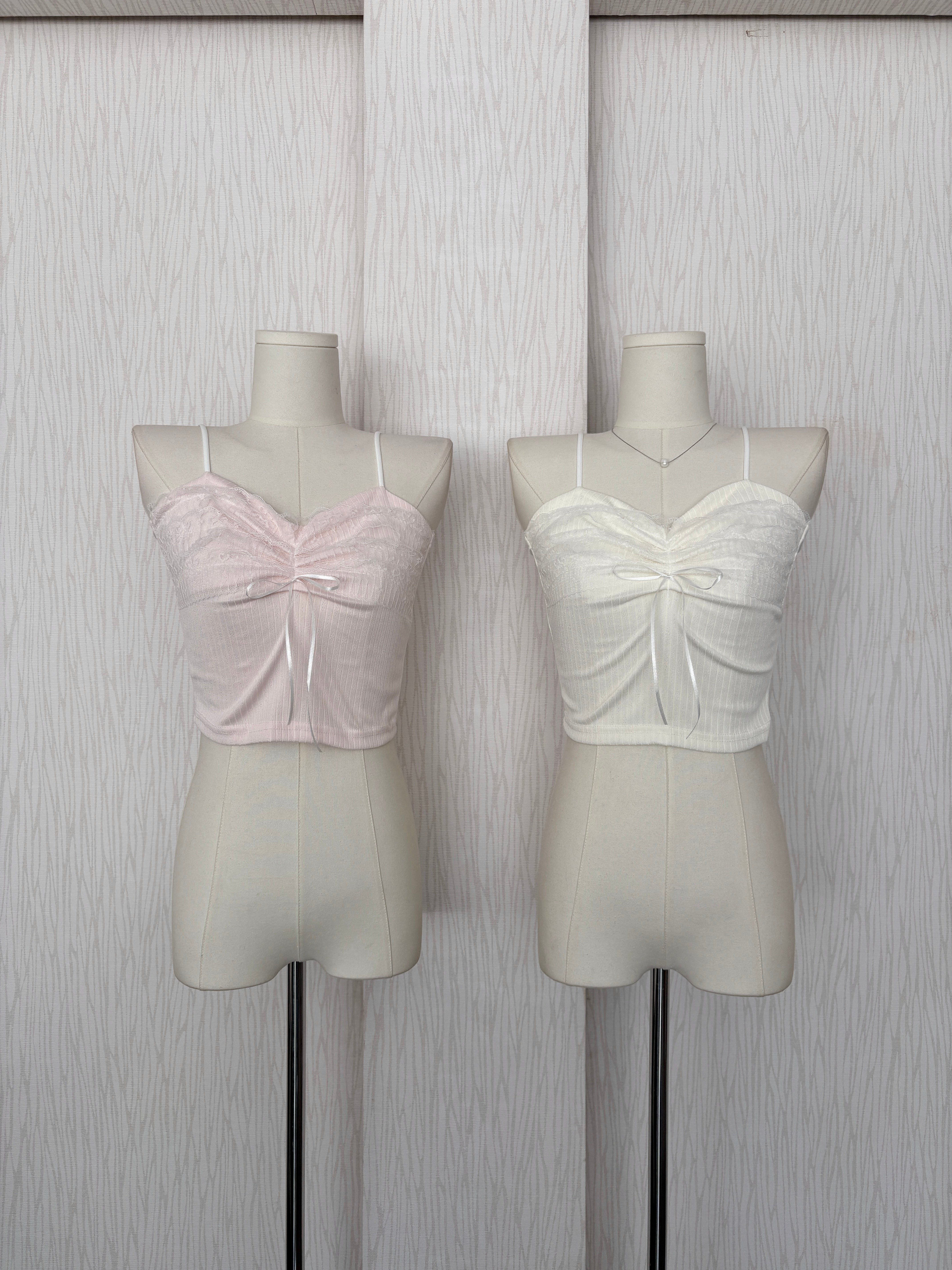 淡奶甜美風蕾絲蝴蝶結細肩背心