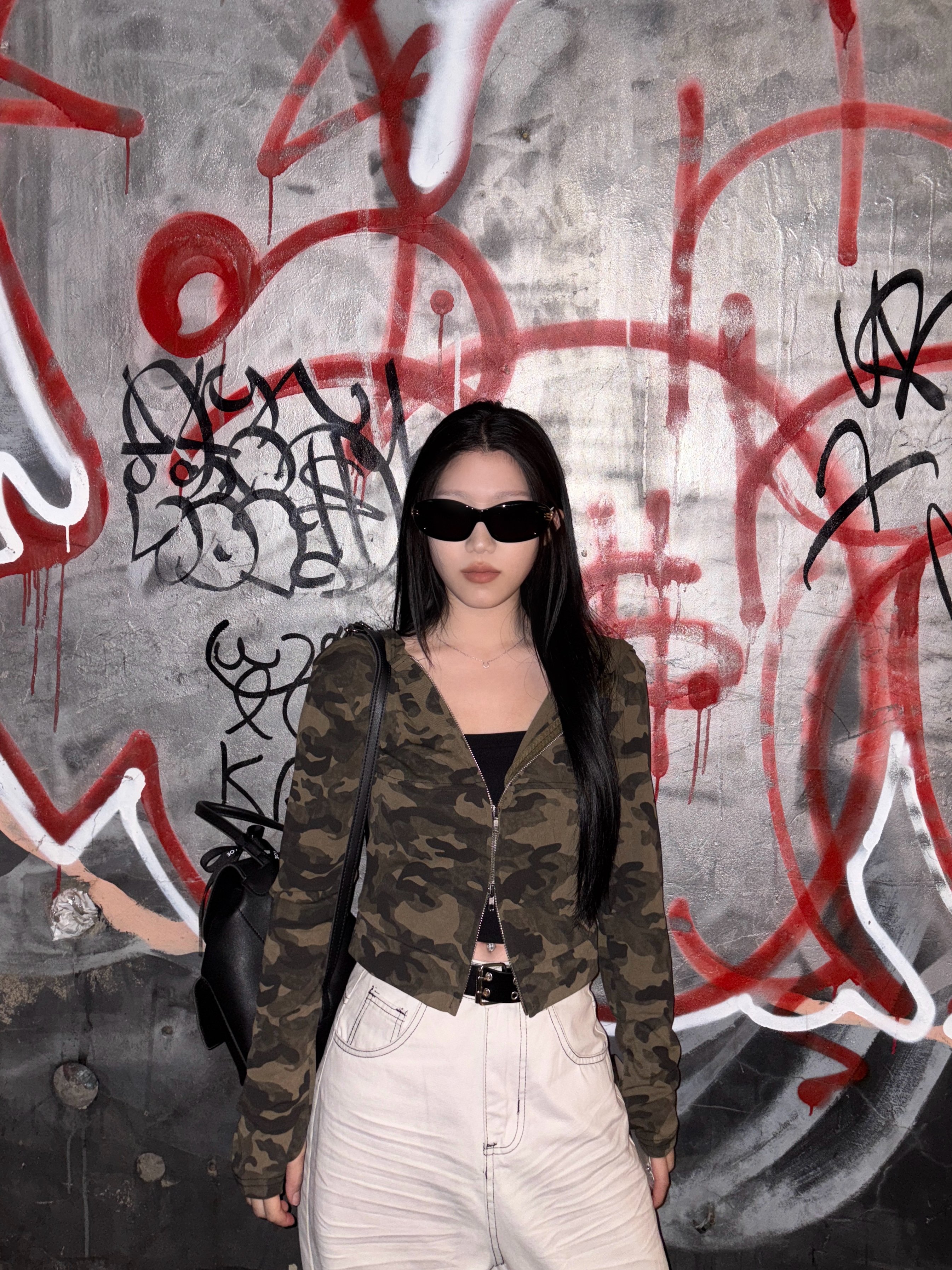 迷彩雙拉鍊短版連帽薄外套