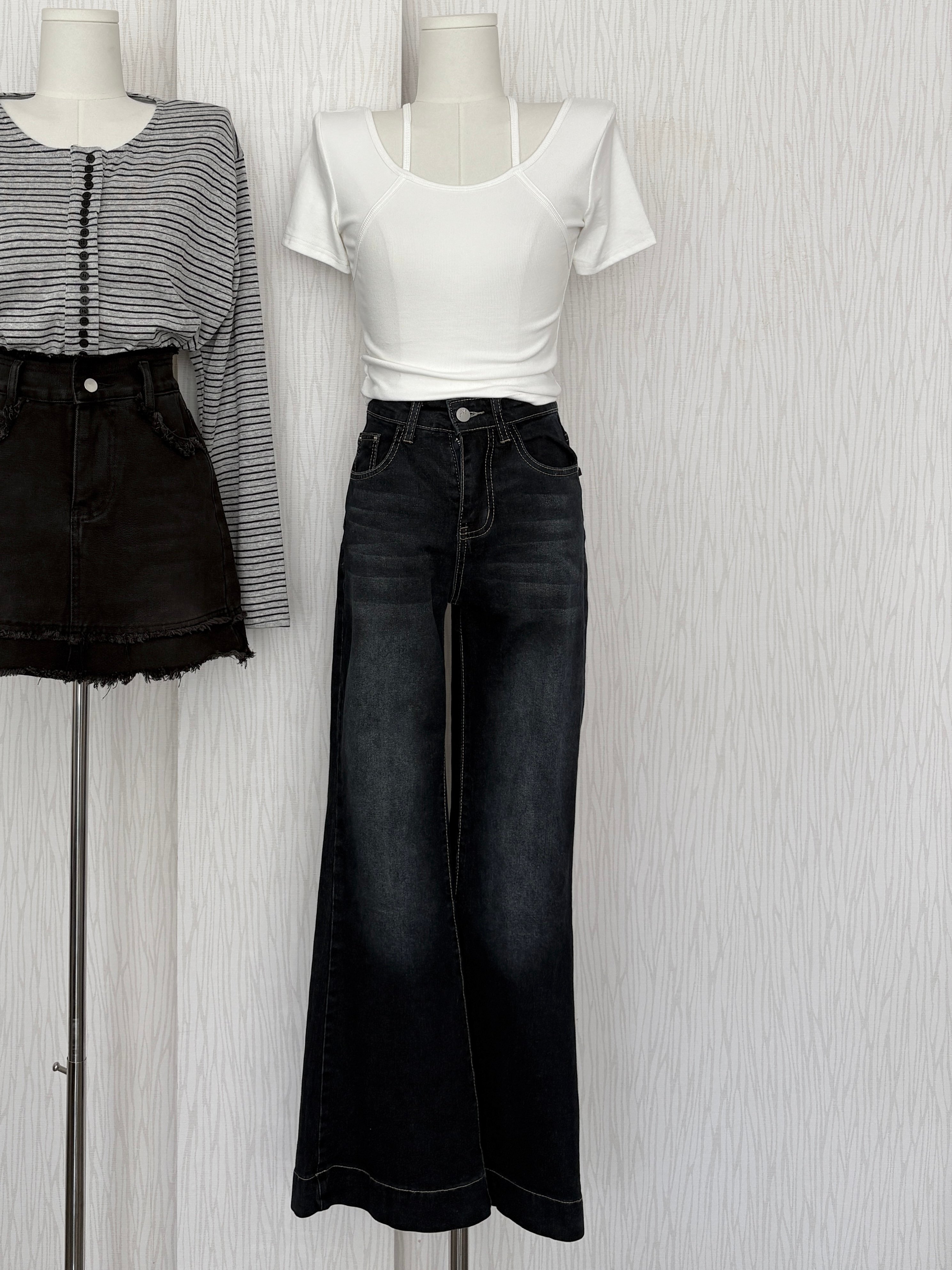 原色藍寬車線牛仔喇叭褲