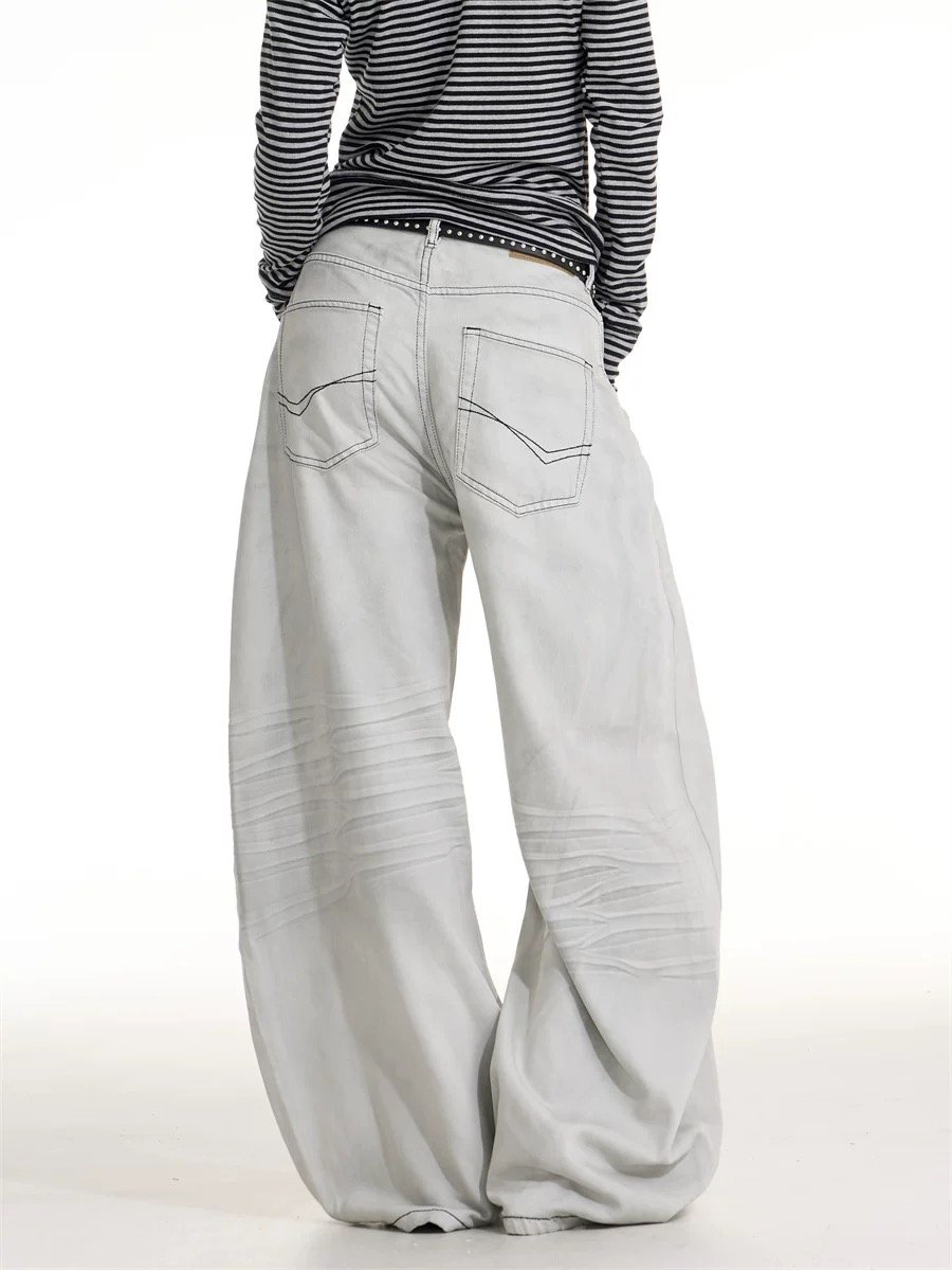 車線做舊水洗牛仔彎刀褲