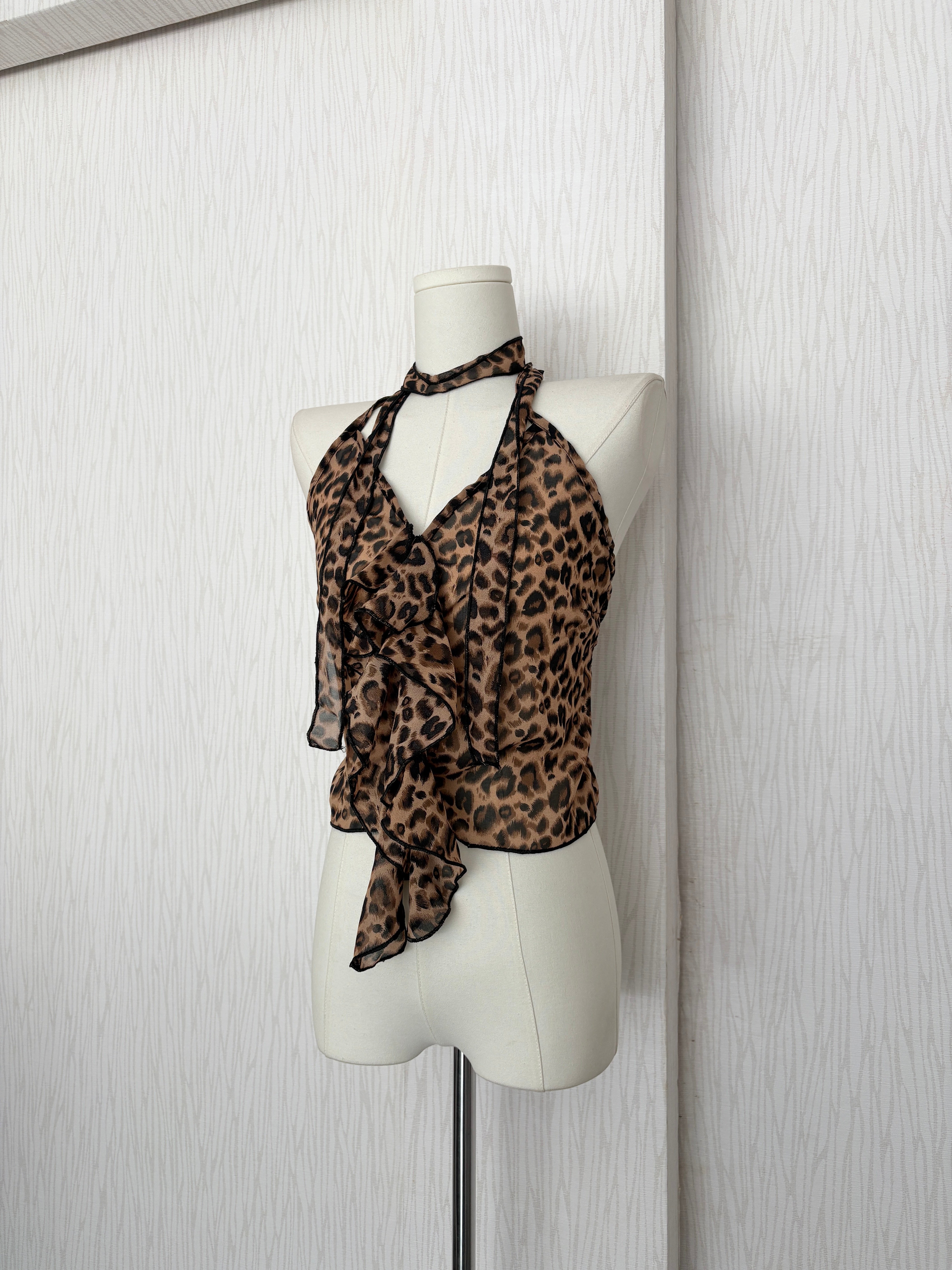 豹紋掛脖綁帶薄雪紡背心(附脖圍)