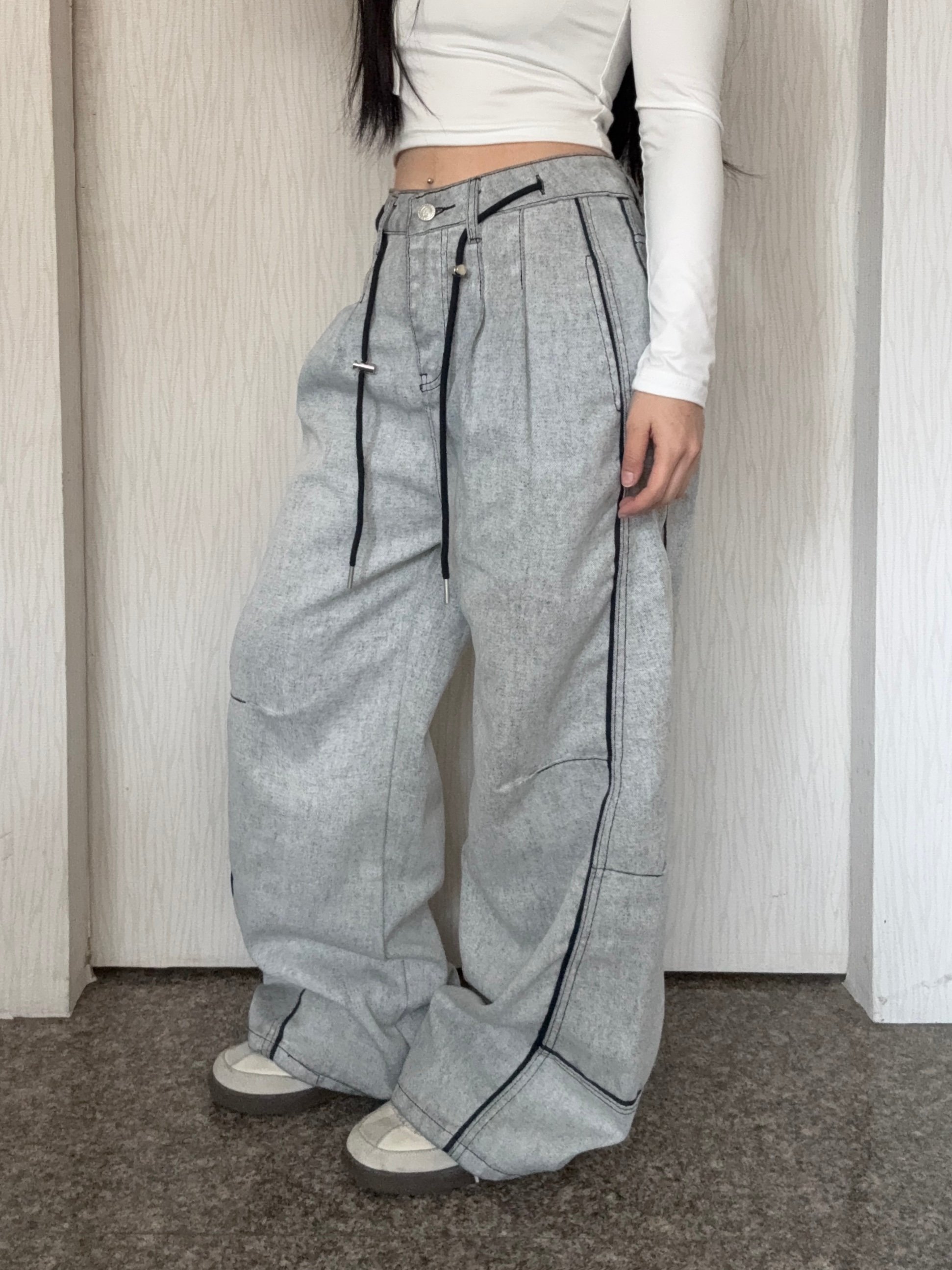 復古街頭拼接牛仔彎刀褲