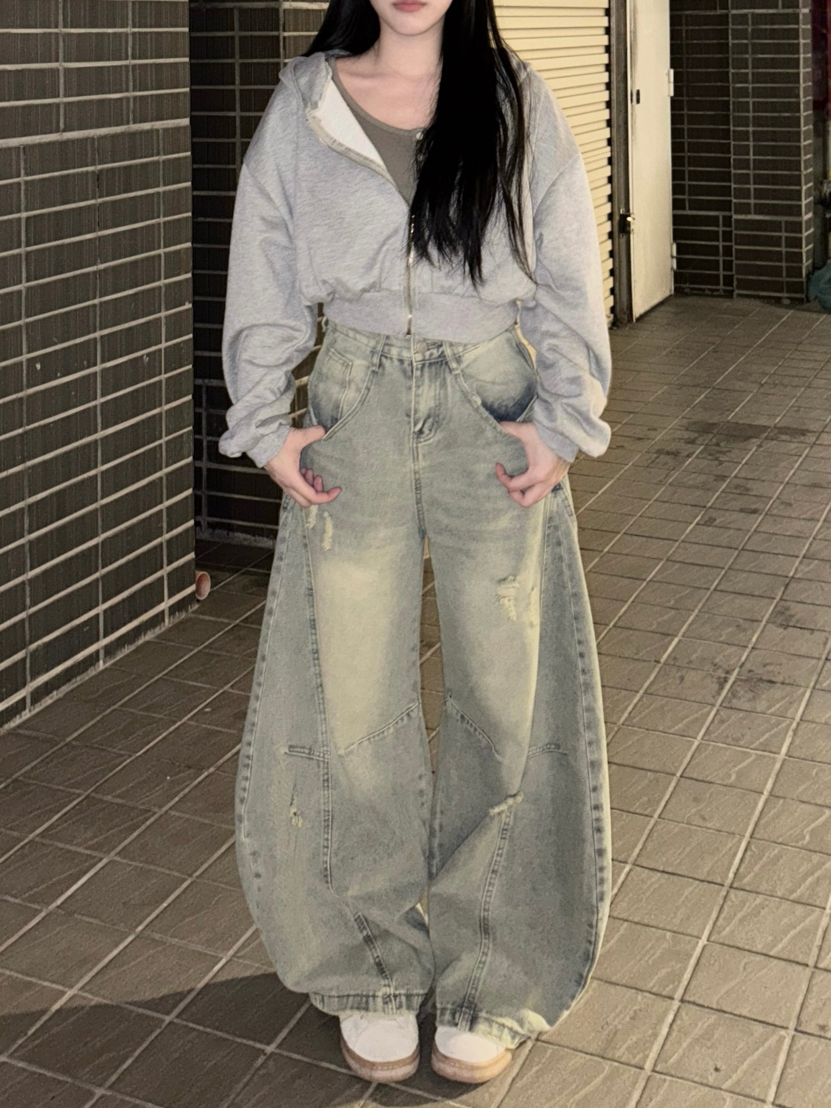 復古刷黃破舊牛仔彎刀褲