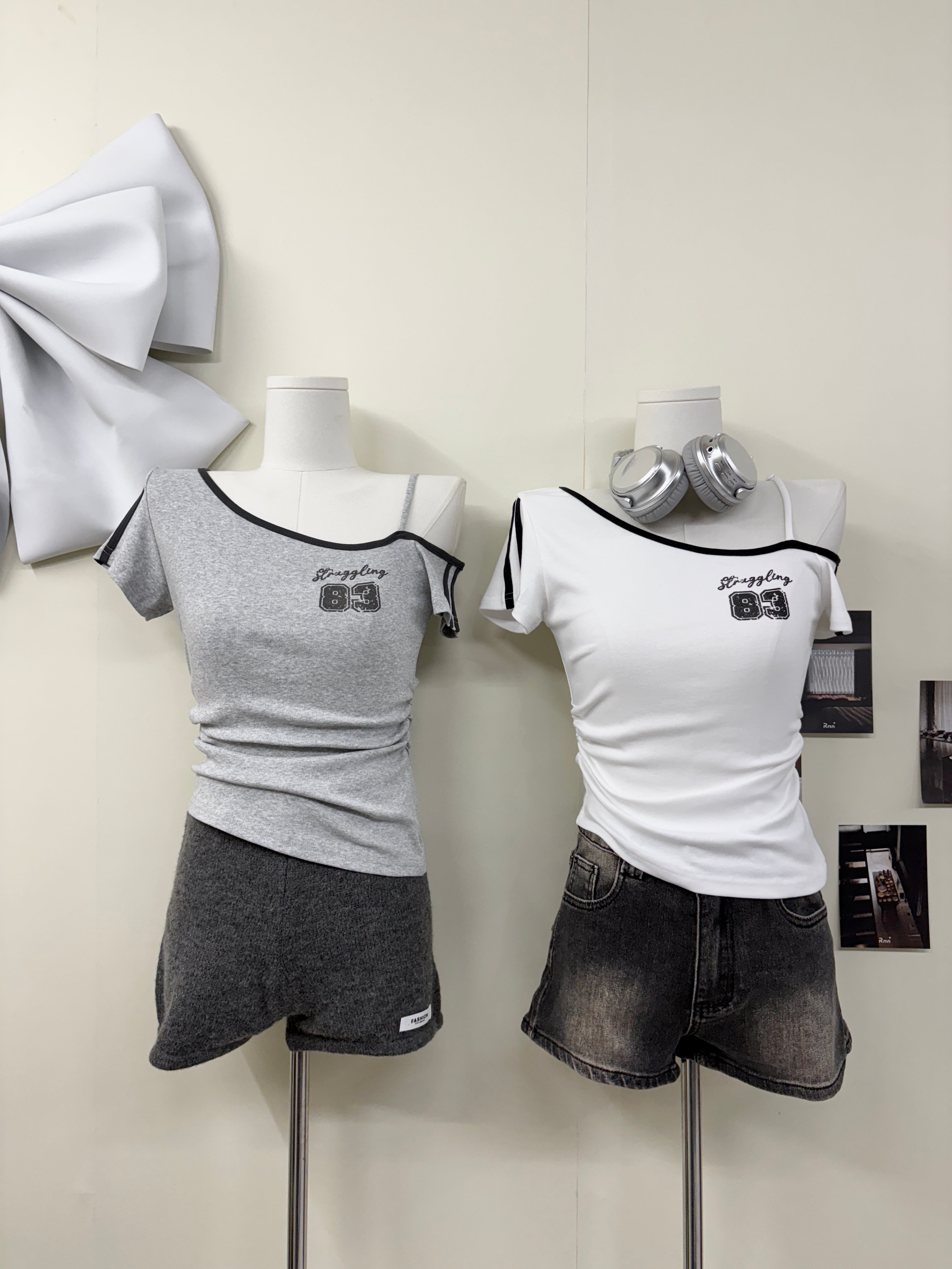 賽車風斜單肩帶短袖83線條腰身上衣