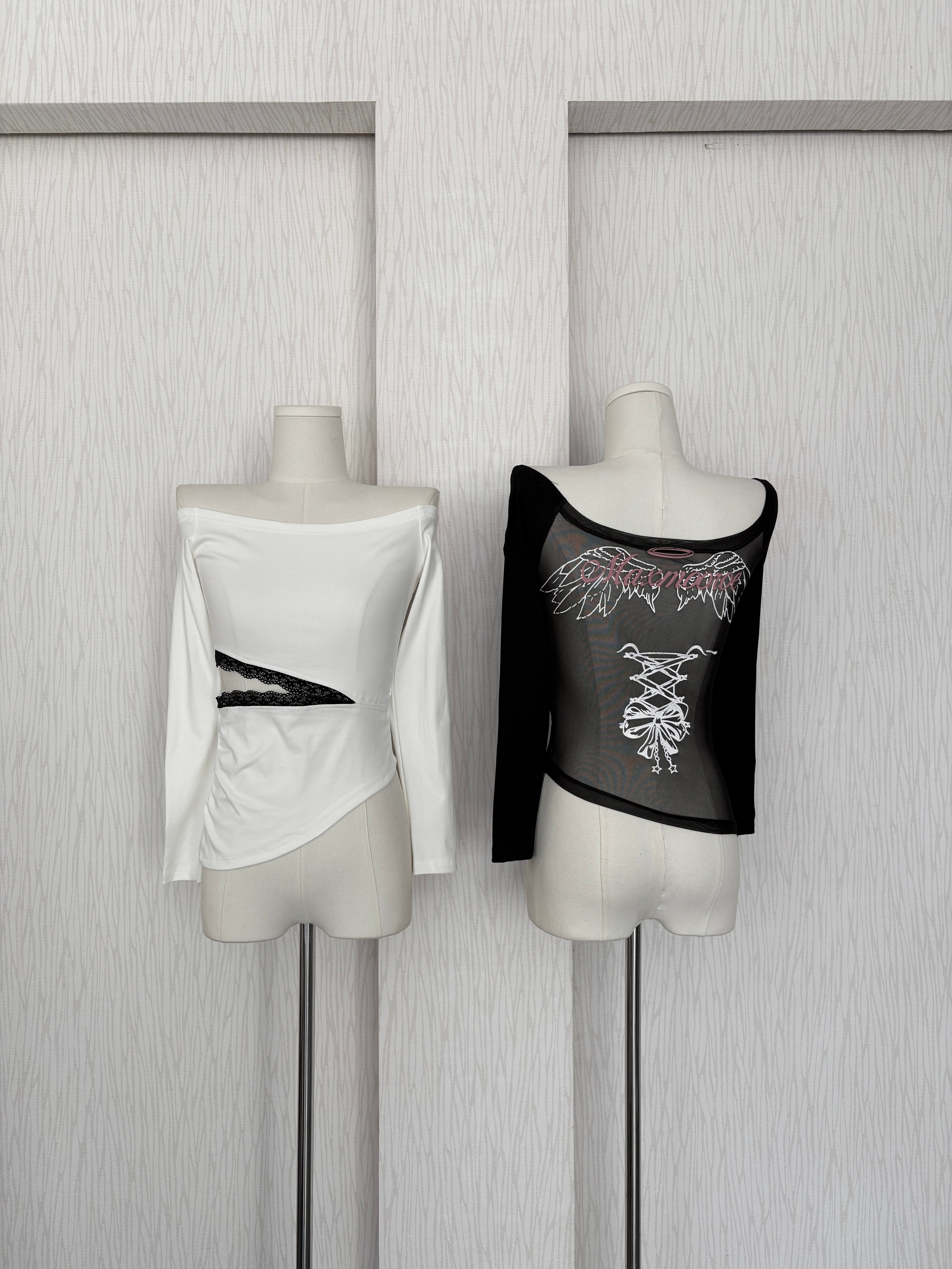 蕾絲腰開衩網紗一字領兩面穿棉質上衣