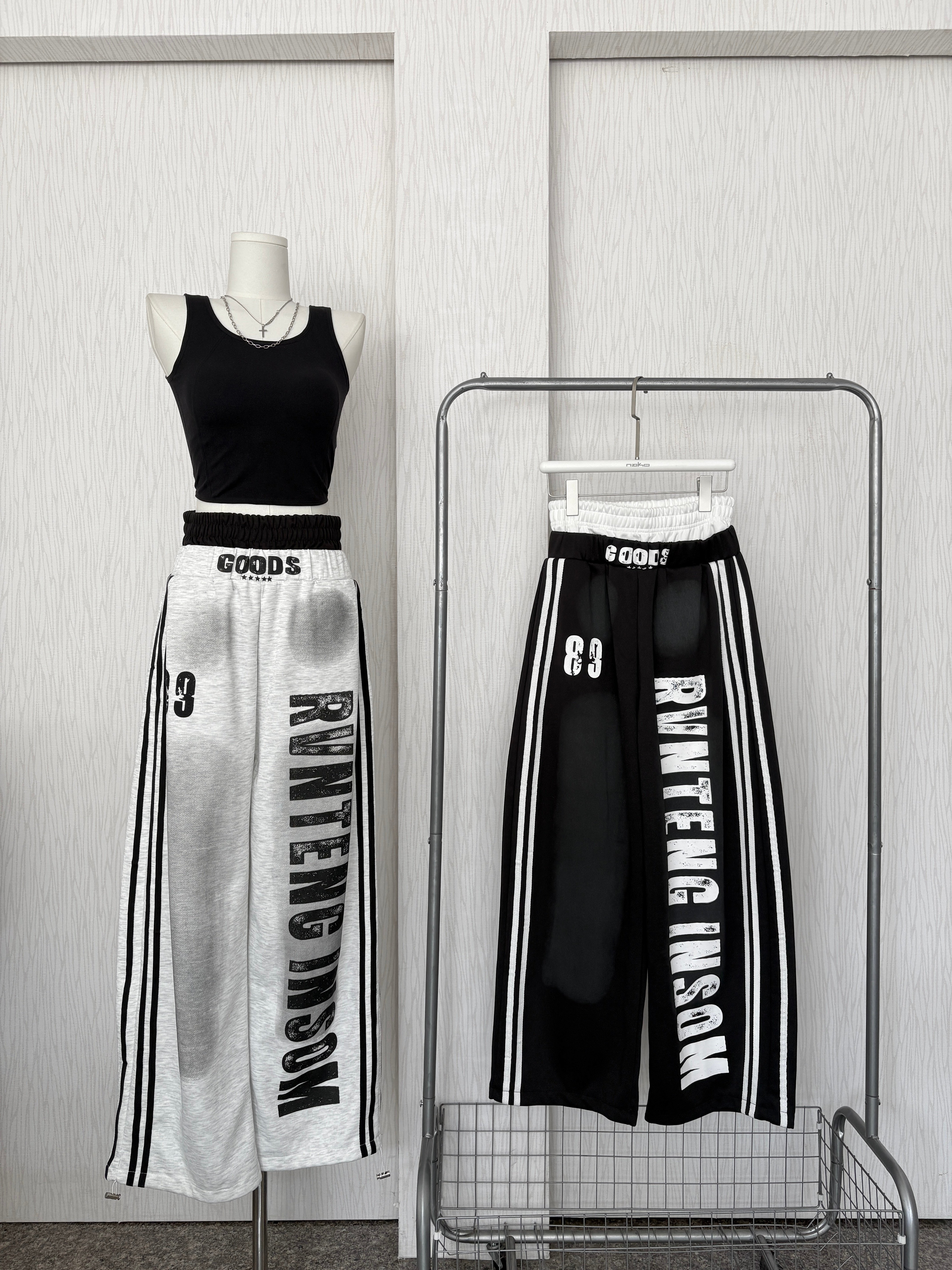 美式拼接雙褲頭撞色側線棉褲