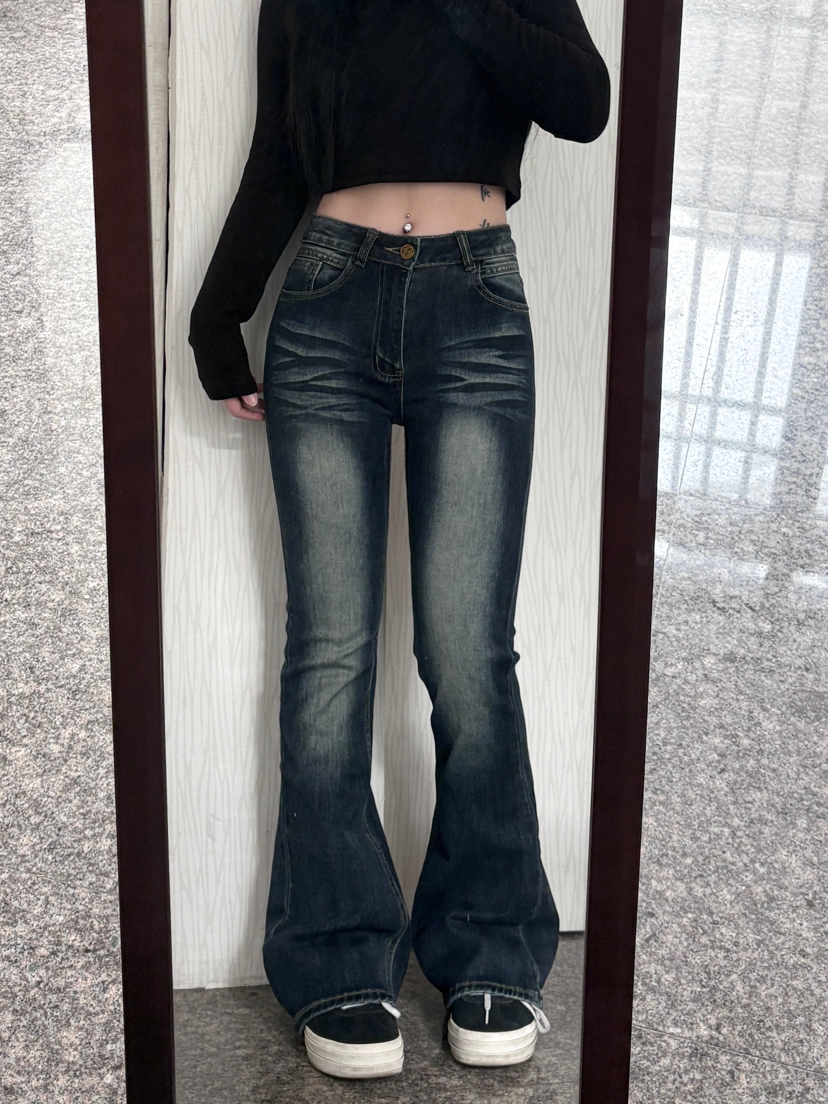 【限量現貨】Y2K刷白假摺感中低腰牛仔喇叭褲