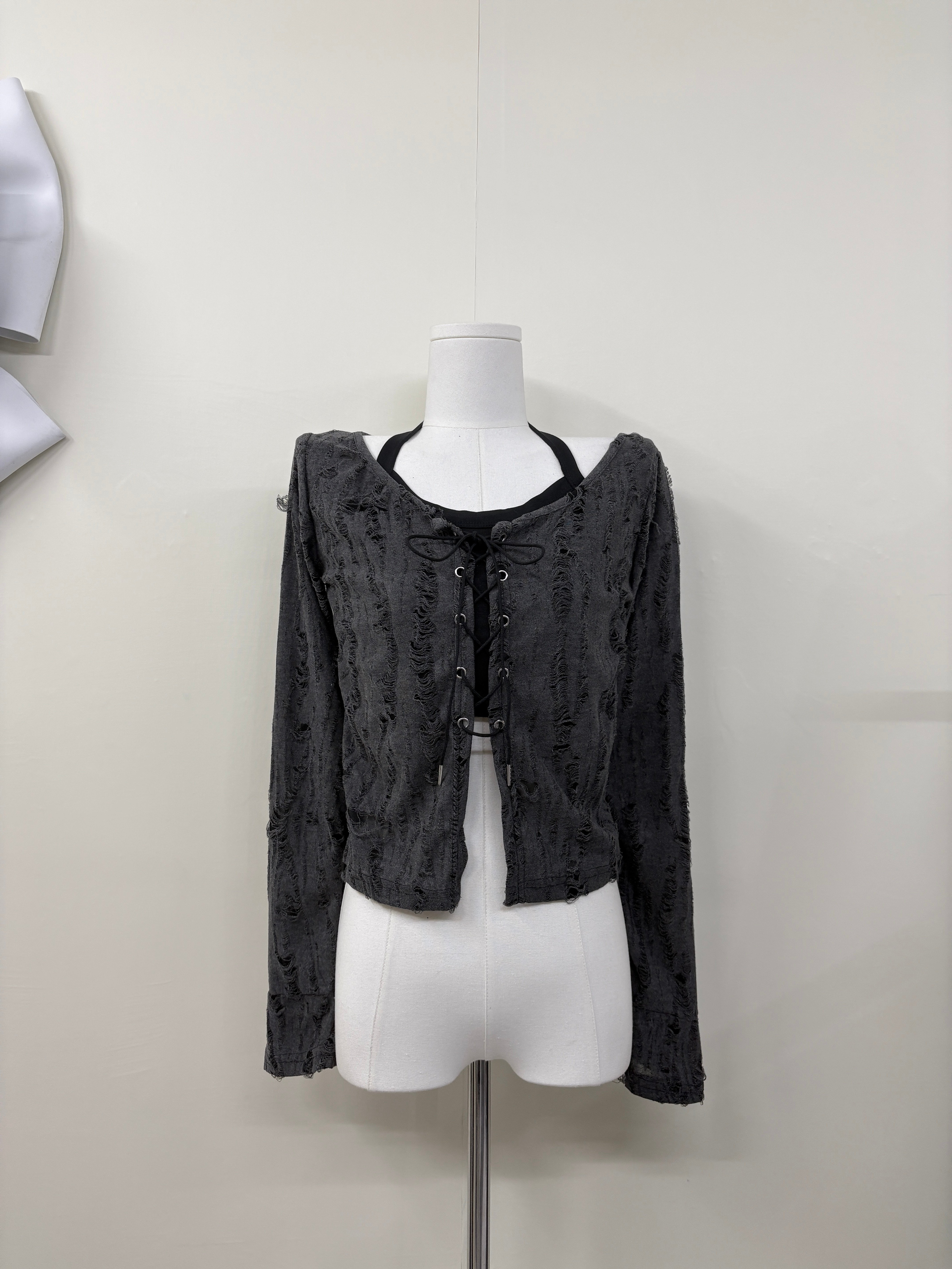 廢土風刷破掛脖假兩件上衣