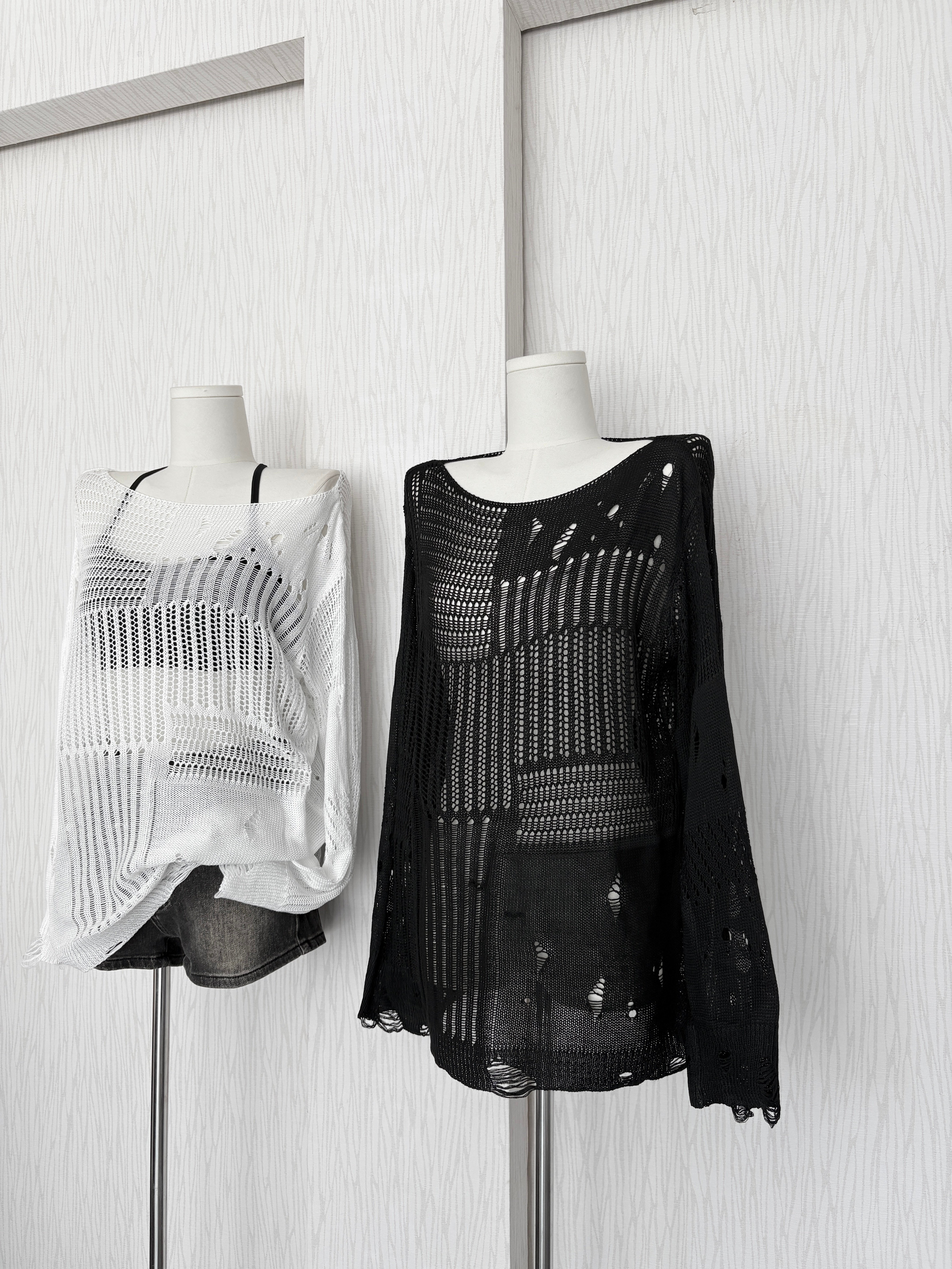 廢土風破舊感針織寬領口寬鬆罩衫