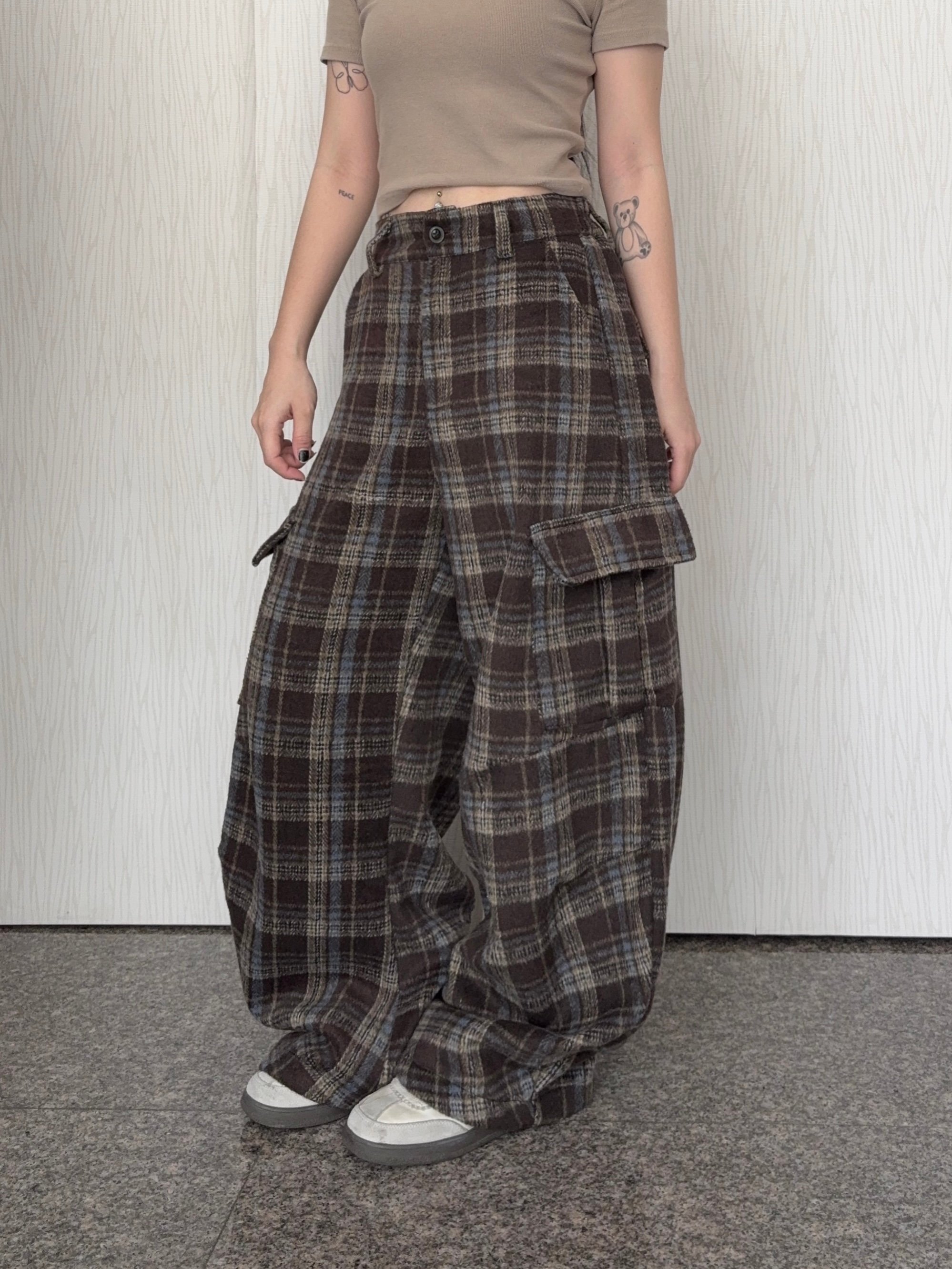 秋冬款-三色格紋軟薄針織口袋工裝棉褲