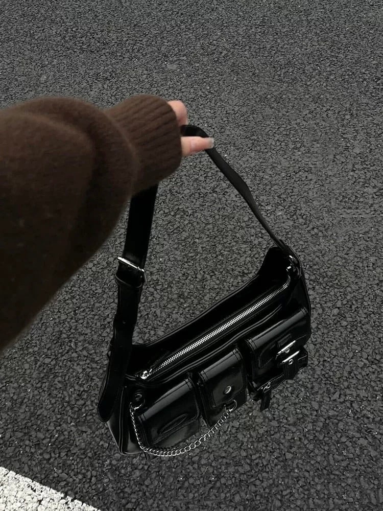 個性多口袋黑色亮皮機車包