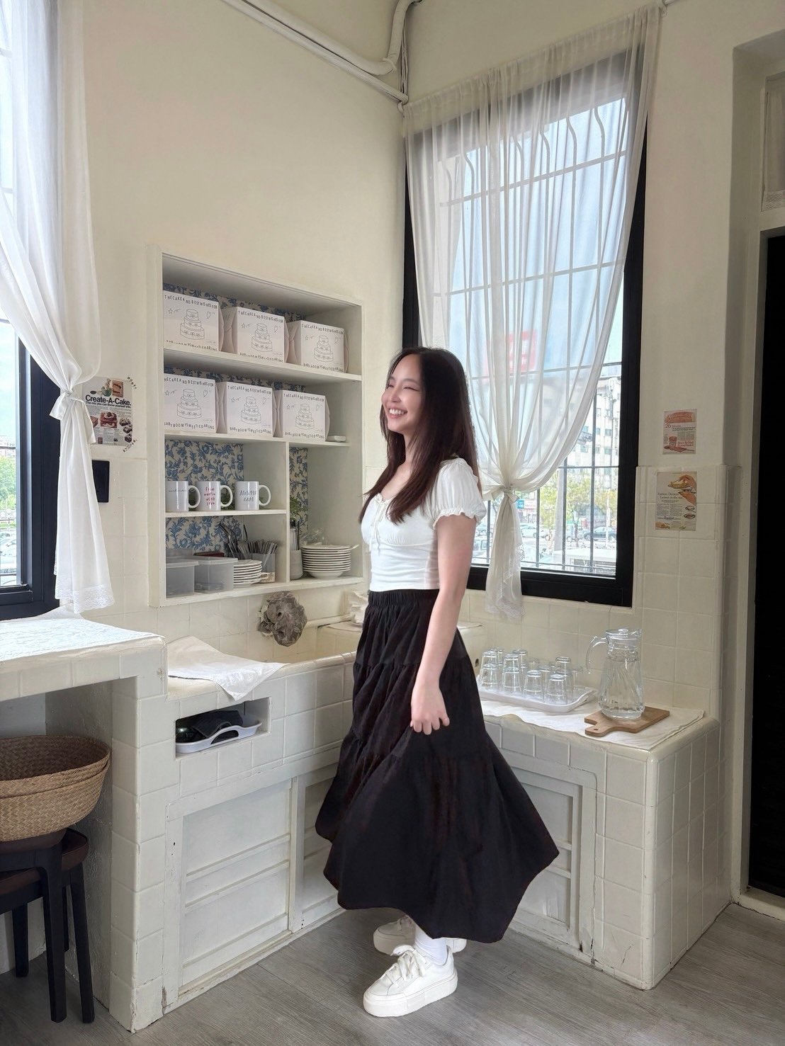 鬆緊薄麻蛋糕長裙