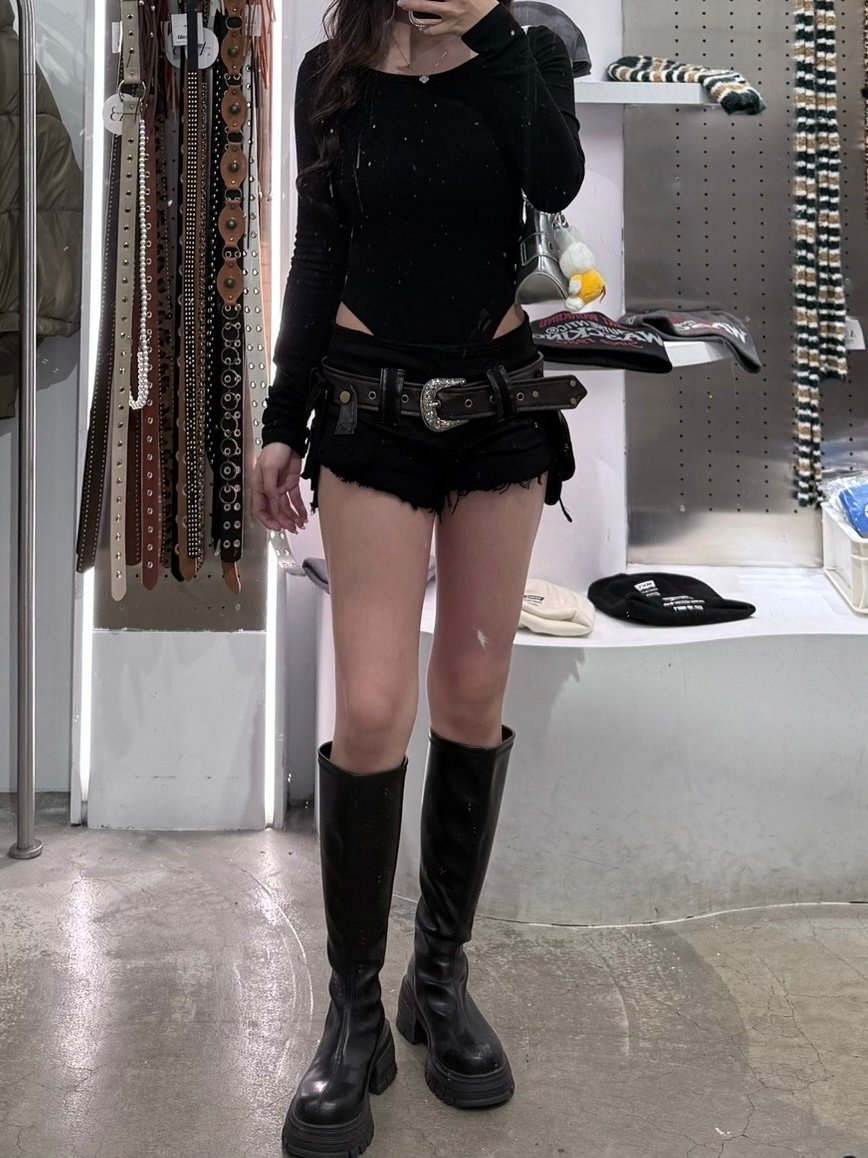 美式y2k低腰工裝皮帶薄牛仔短褲