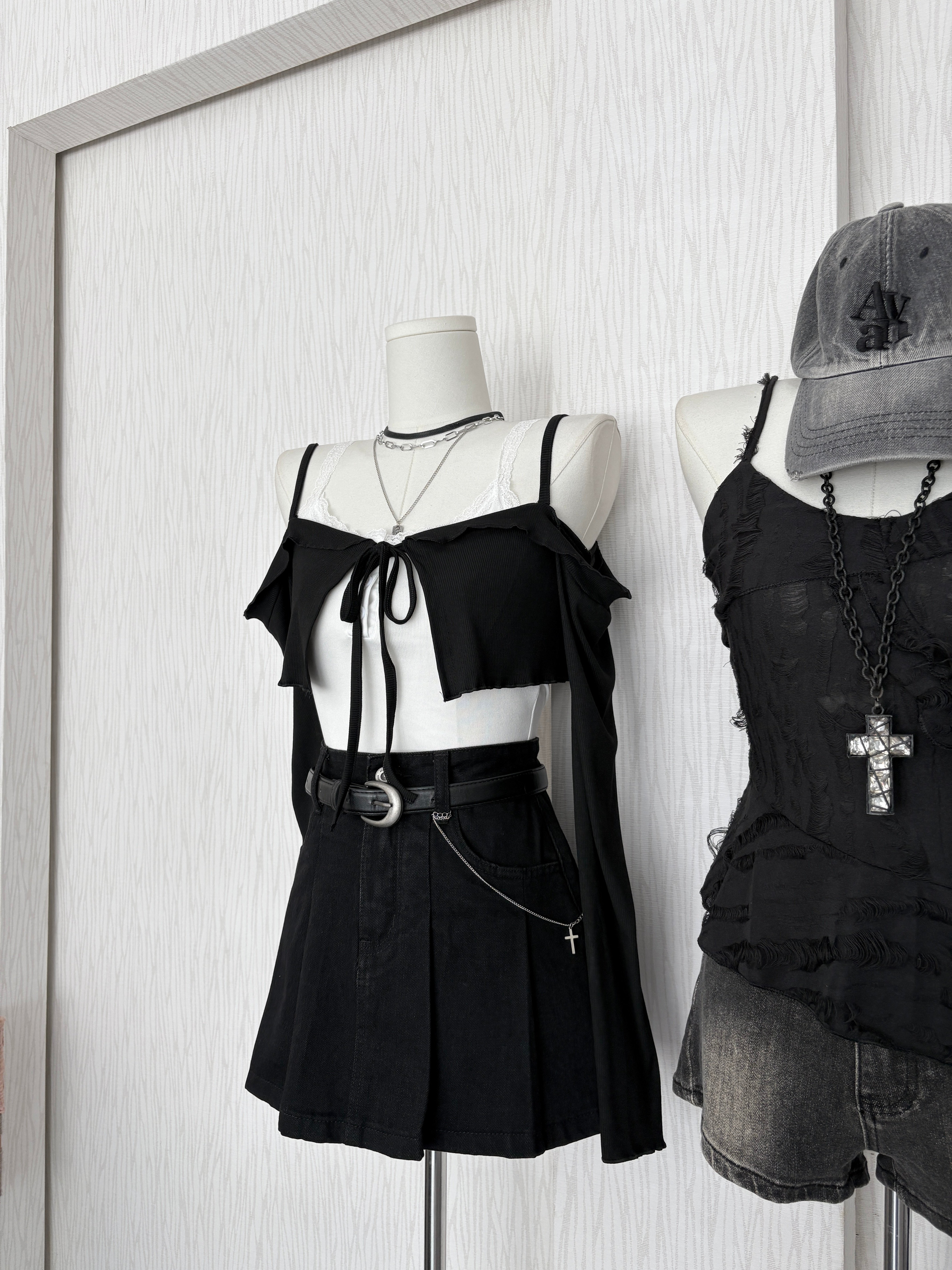 細肩荷葉領綁結長袖棉質短罩衫