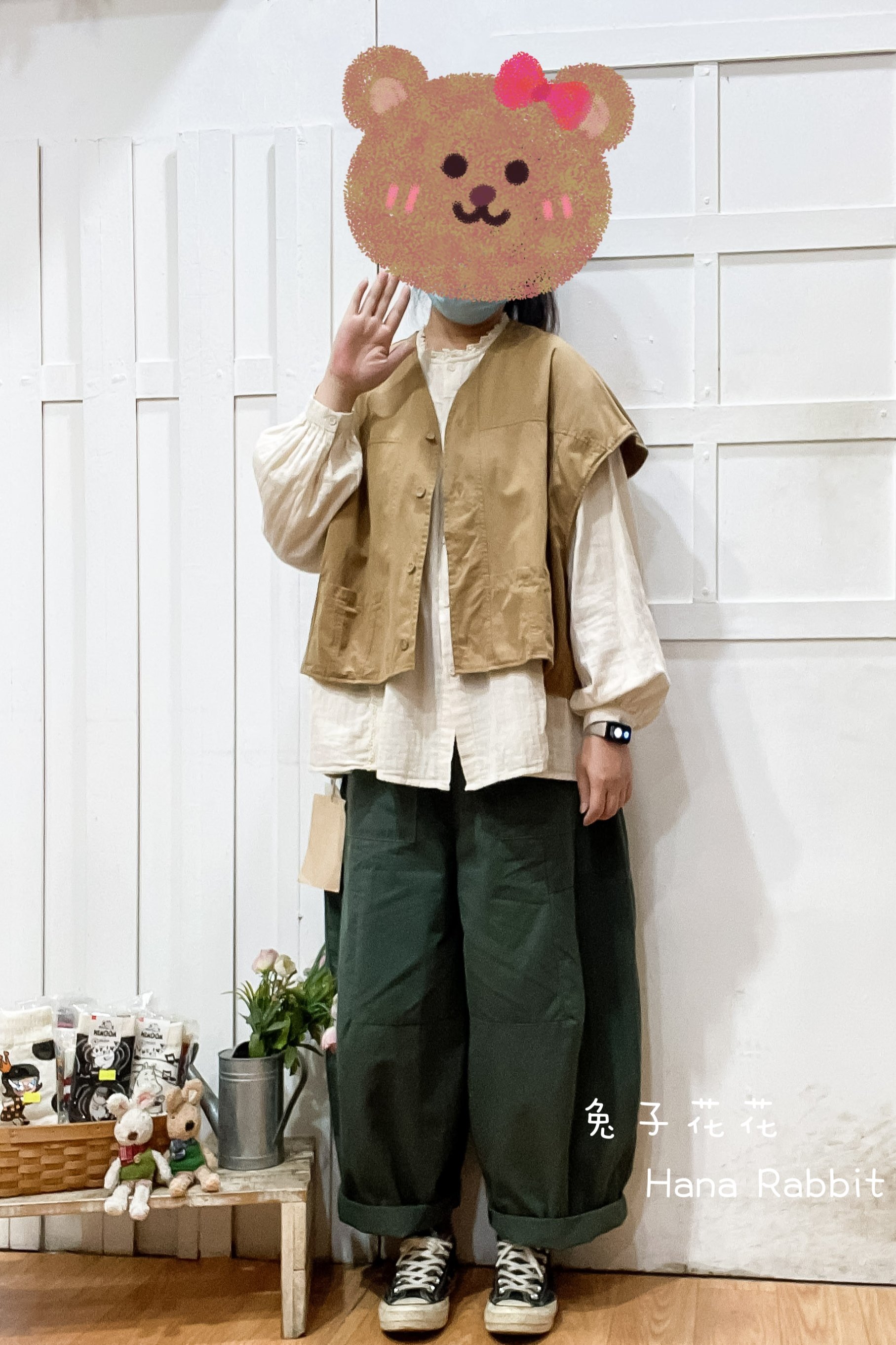 日系疊穿V領包袖背心(駝) 13565