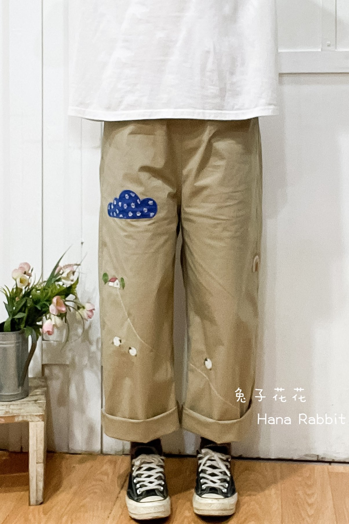 雲朵貼布刺繡羊棉麻直筒褲(卡其) 13946