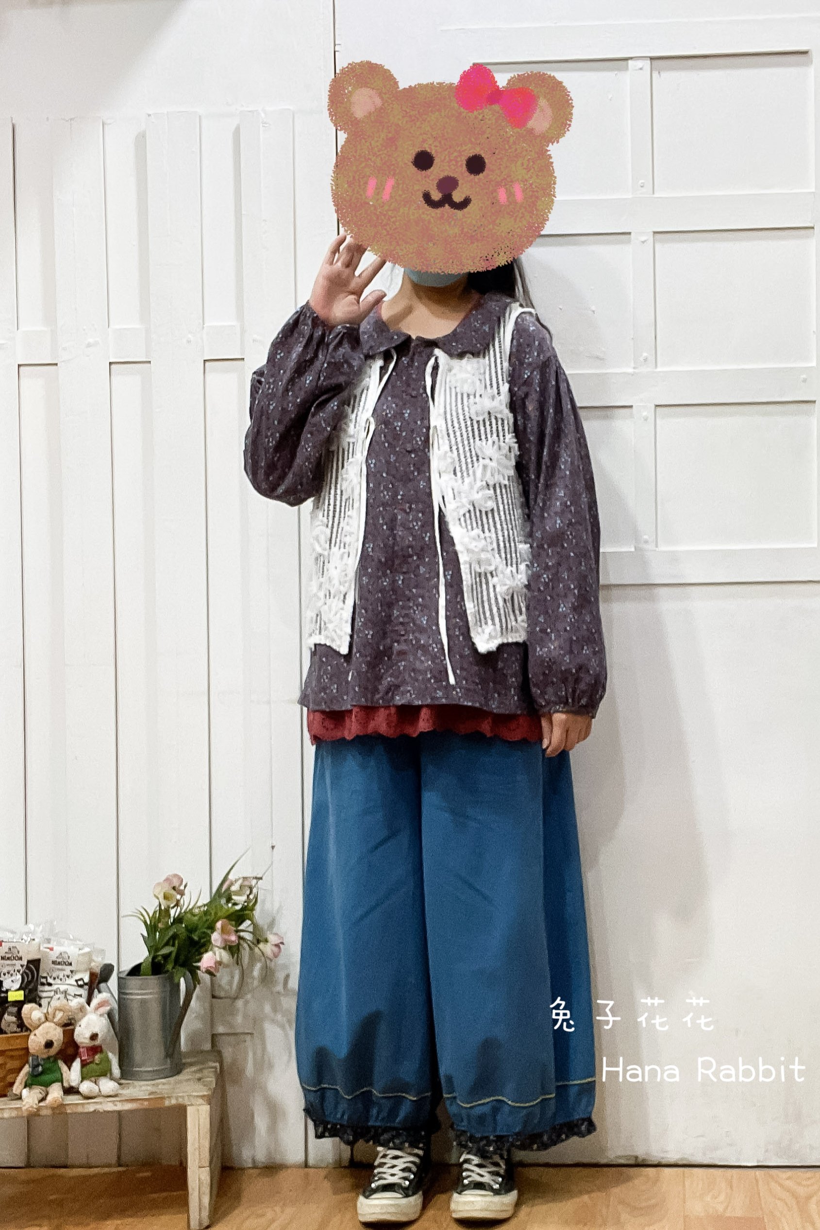 森系簍空刺繡花疊穿綁帶背心(白) 15332