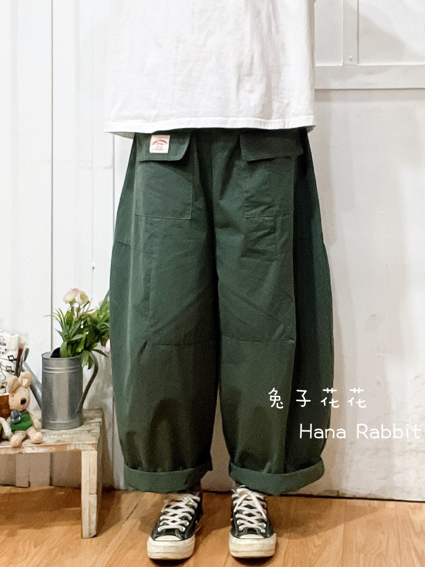 日系小布標棉麻南瓜造型褲(墨綠) 13765