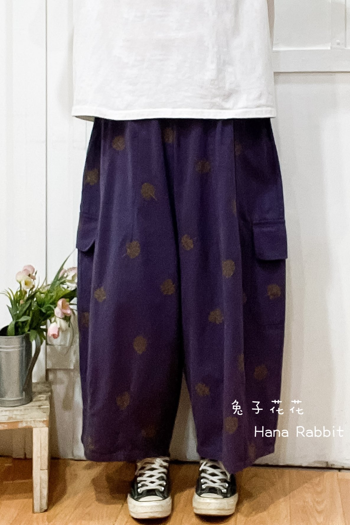 WE家刺繡花闊腿工裝褲(深紫) 17169