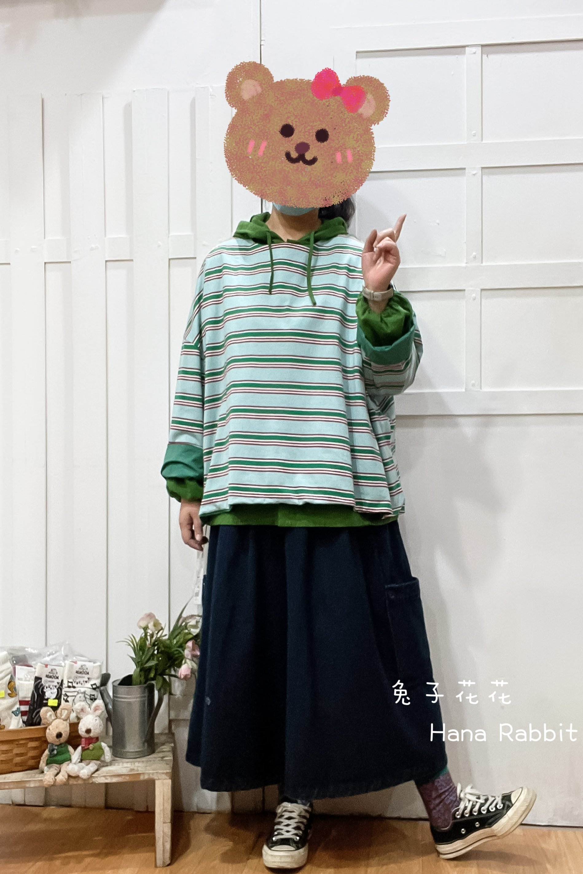 WE家2穿條紋寛袖棉質上衣(綠) 14697