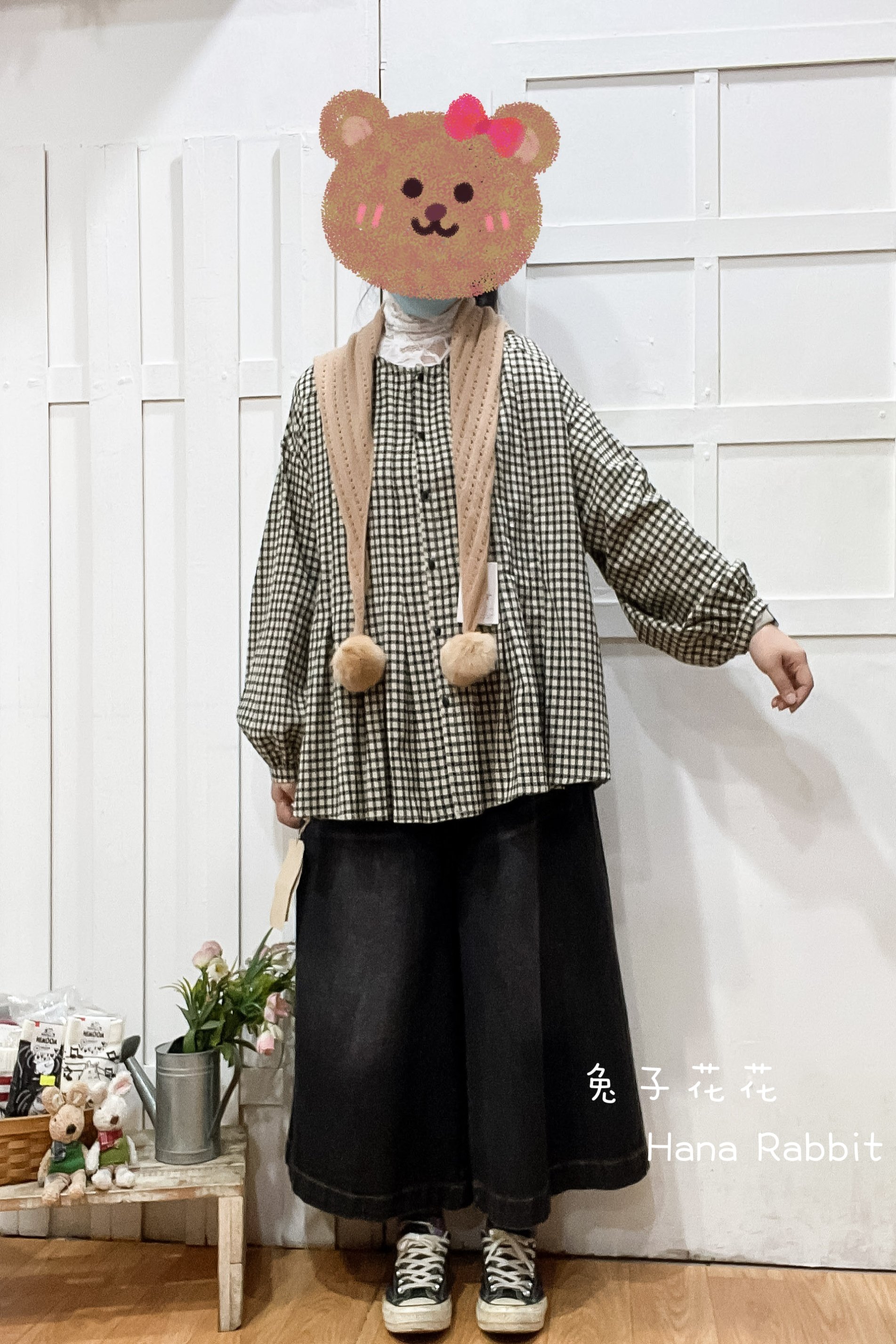 森系格紋壓摺開襟衫(黑) 13694