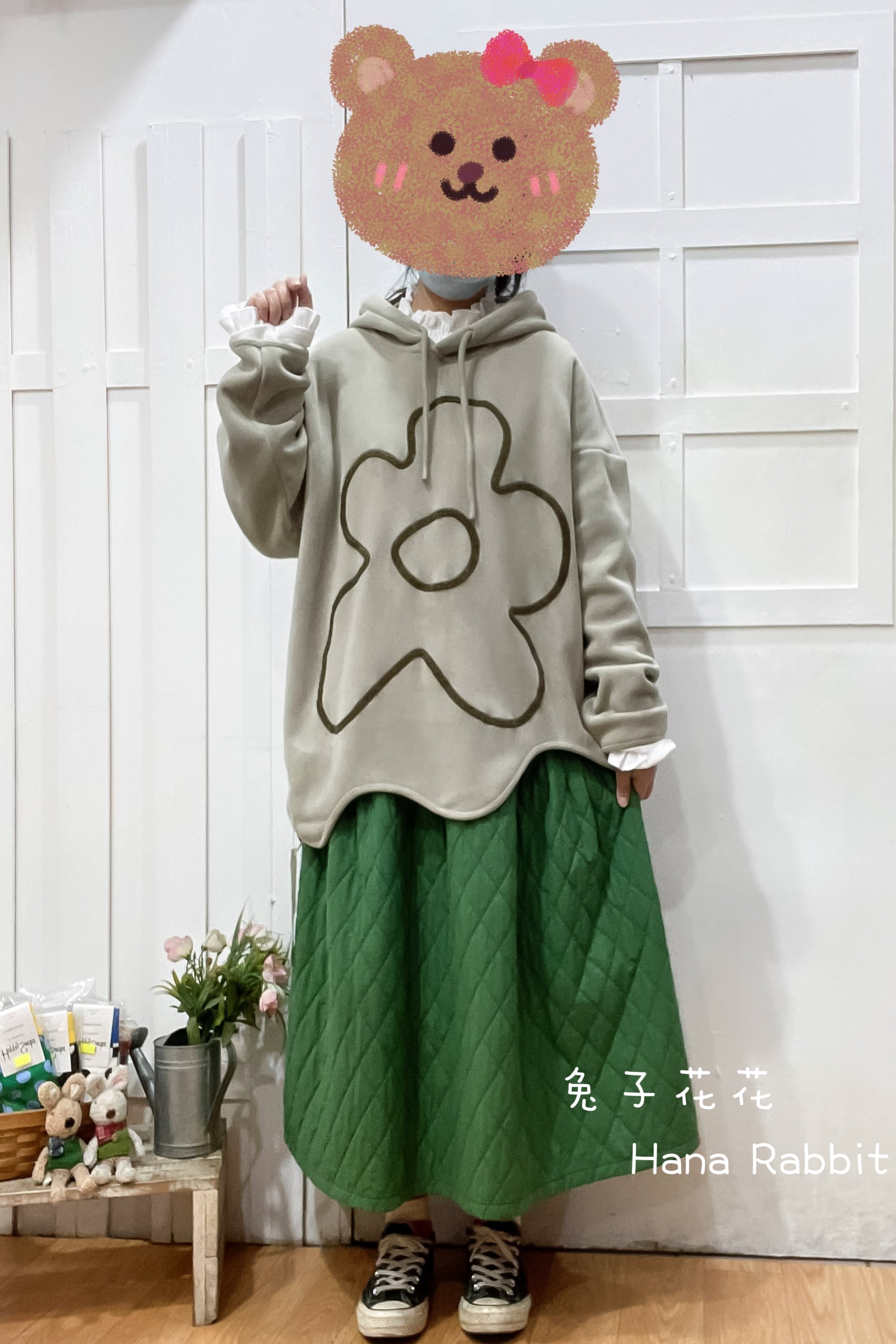 日系大花朵連帽波浪德絨上衣(杏) 21118