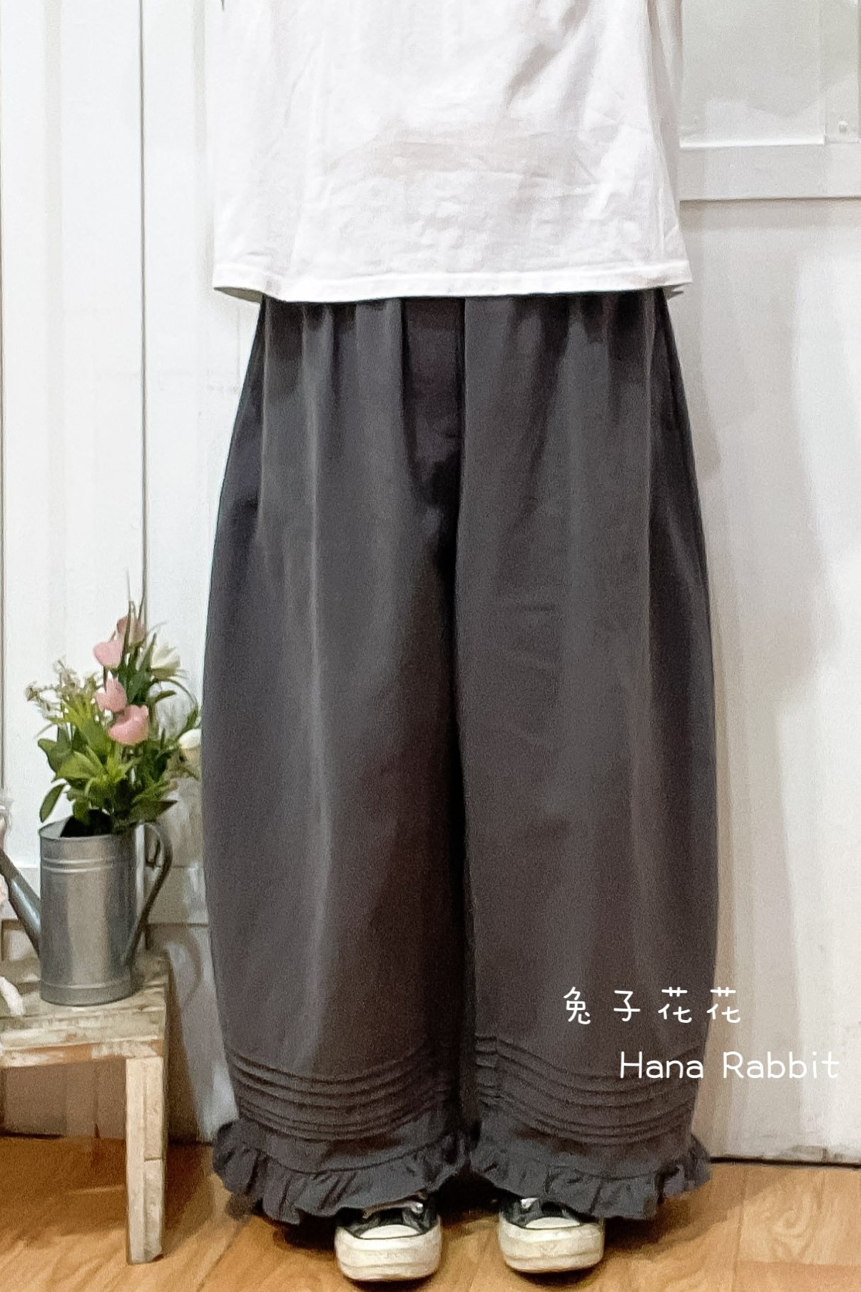 WE家寛鬆荷葉下擺闊腿造型褲(灰) 17605