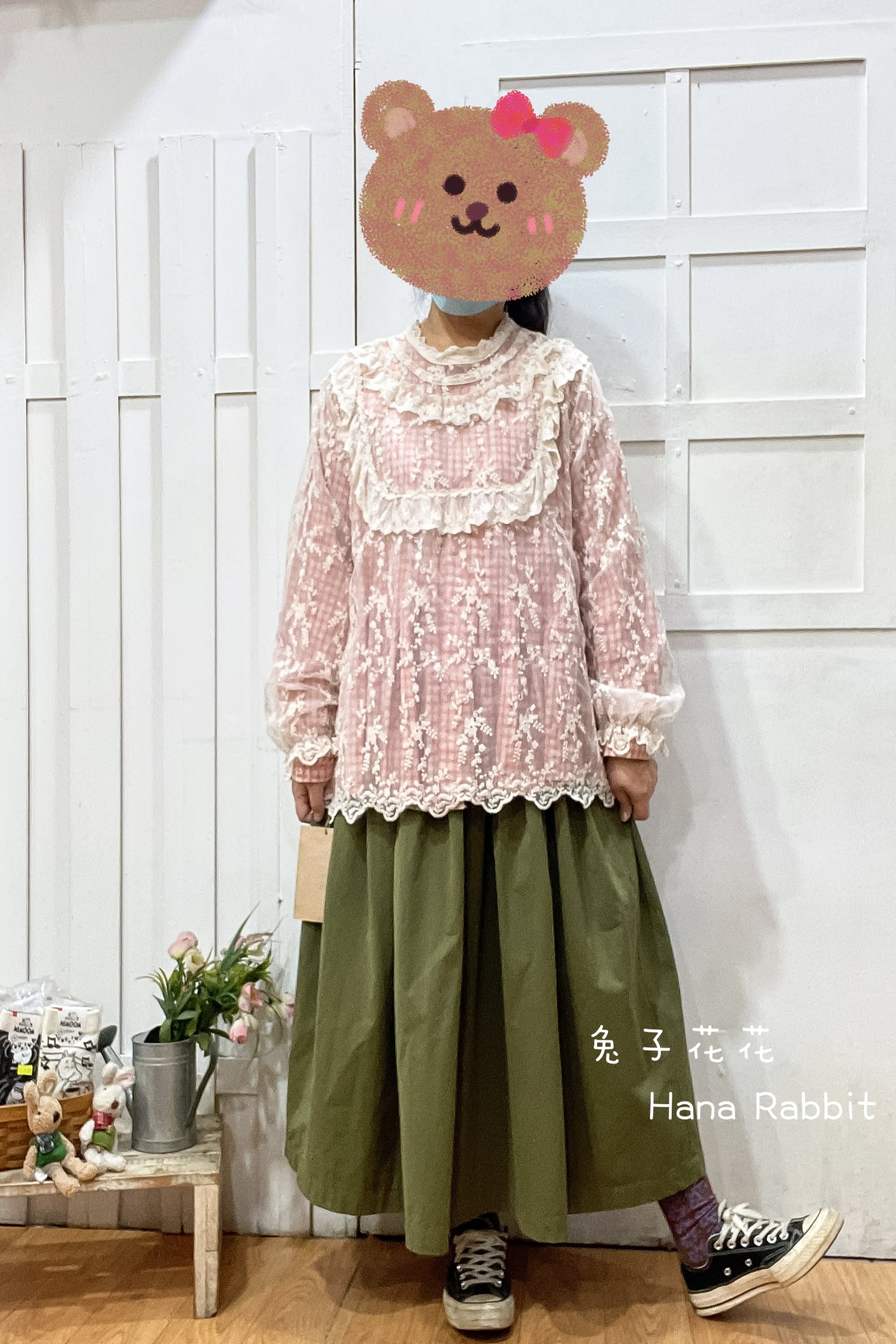 森系花邊緹花疊穿泡袖蕾絲罩衫(杏) 17330