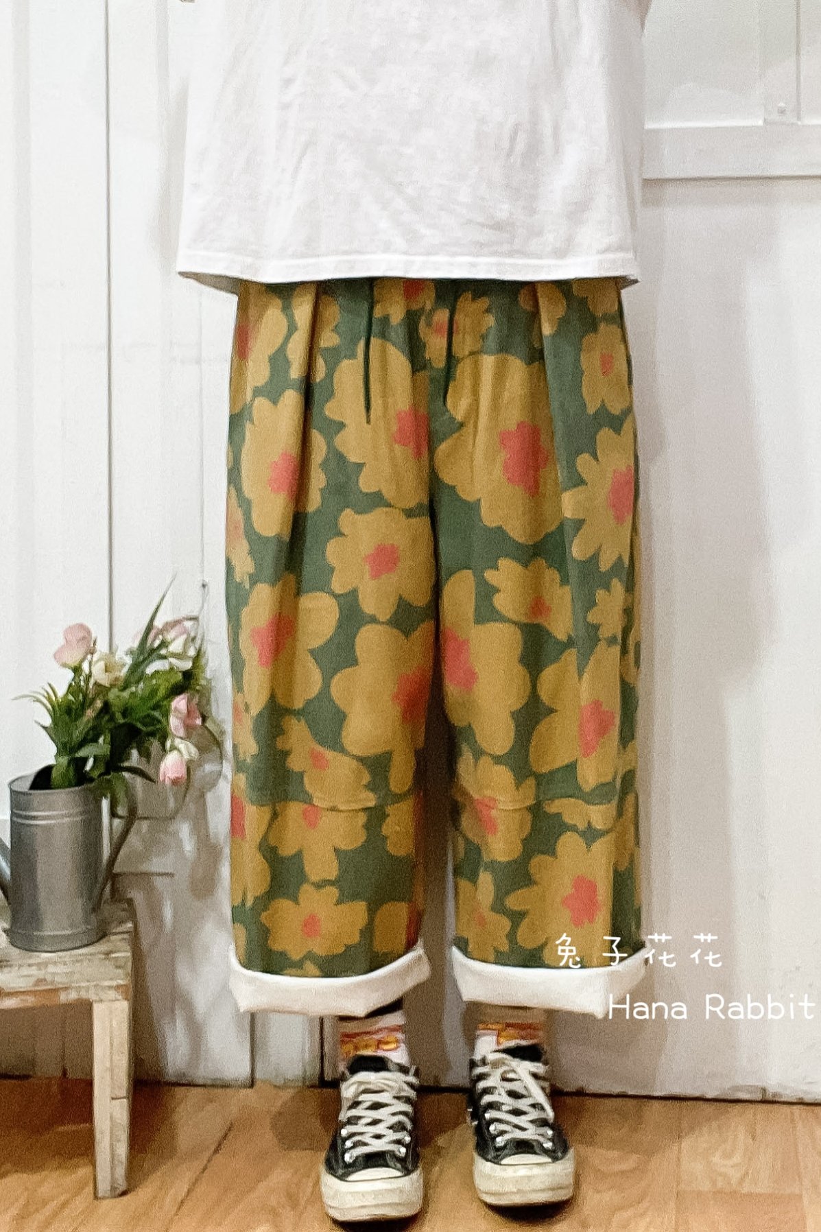 WE家水洗大花朵九分造型褲(綠) 17706