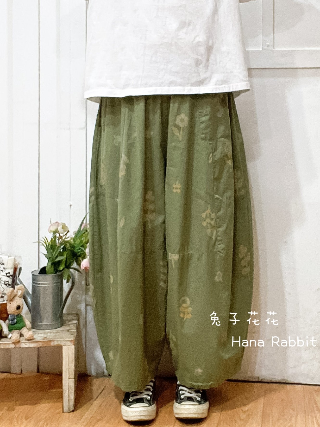 日系印花闊腿南瓜造型褲(綠) 13563