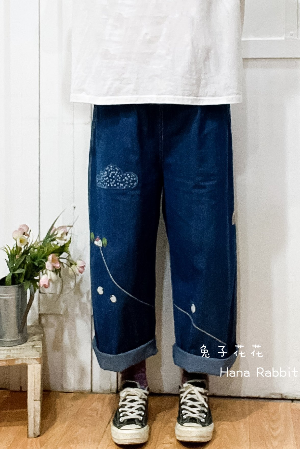 雲朵貼布刺繡羊棉麻直筒褲(丹寧) 13946