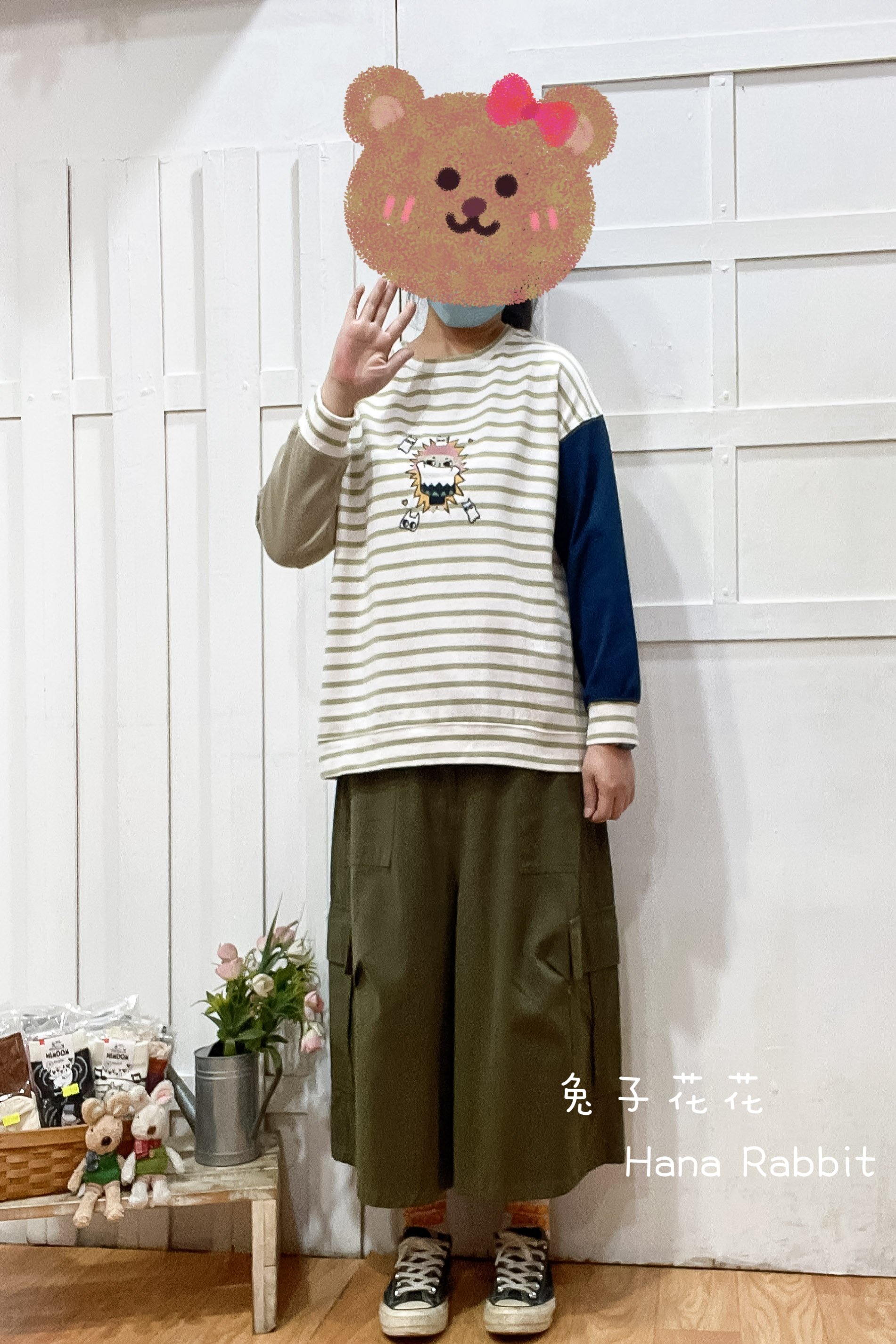 刺繡爆炸小女孩撞色重磅棉上衣(條紋) 21102