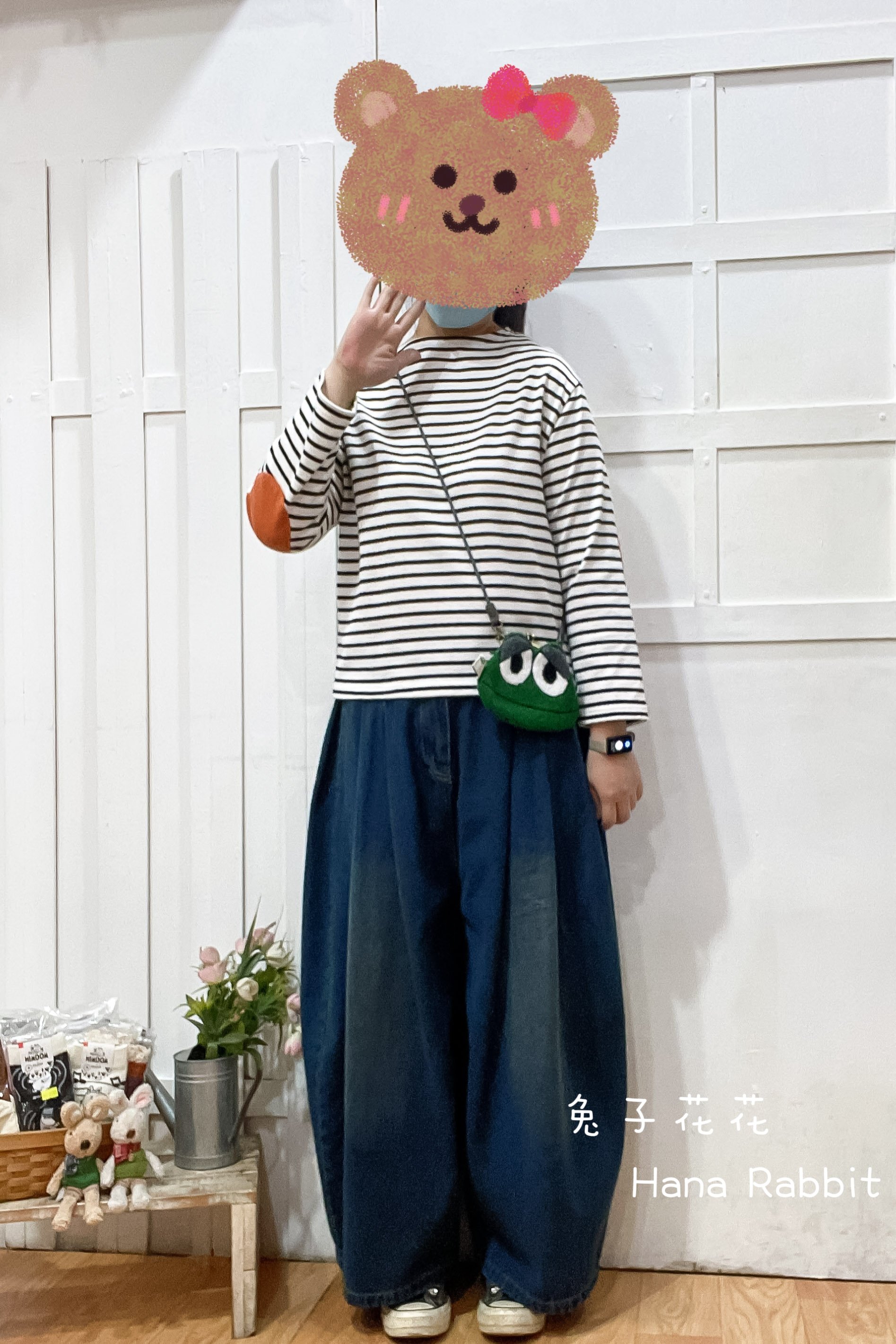 日系一字領條紋補丁棉質上衣(黑條) 13360