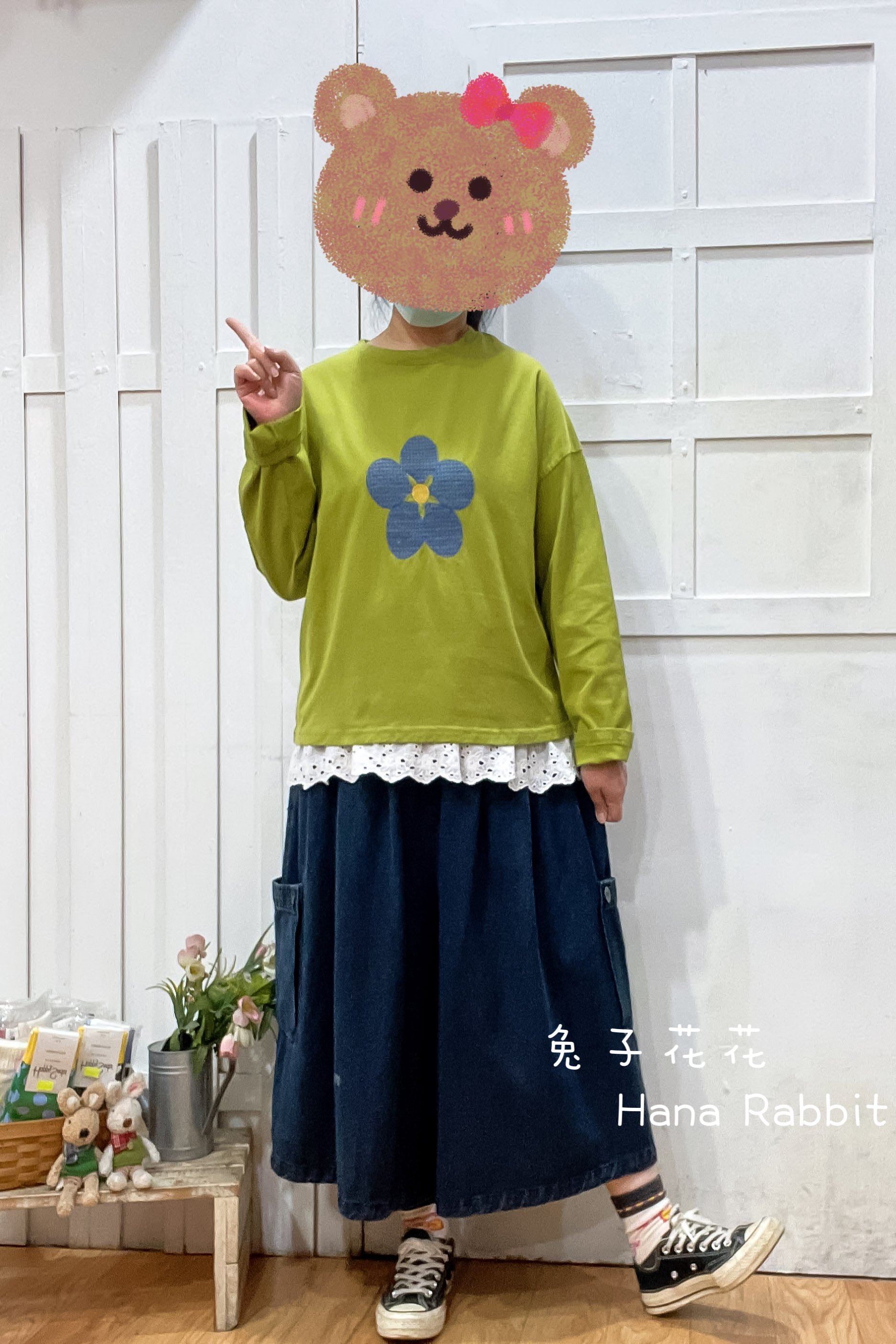 日系刺繡花重磅棉上衣(綠) 12364