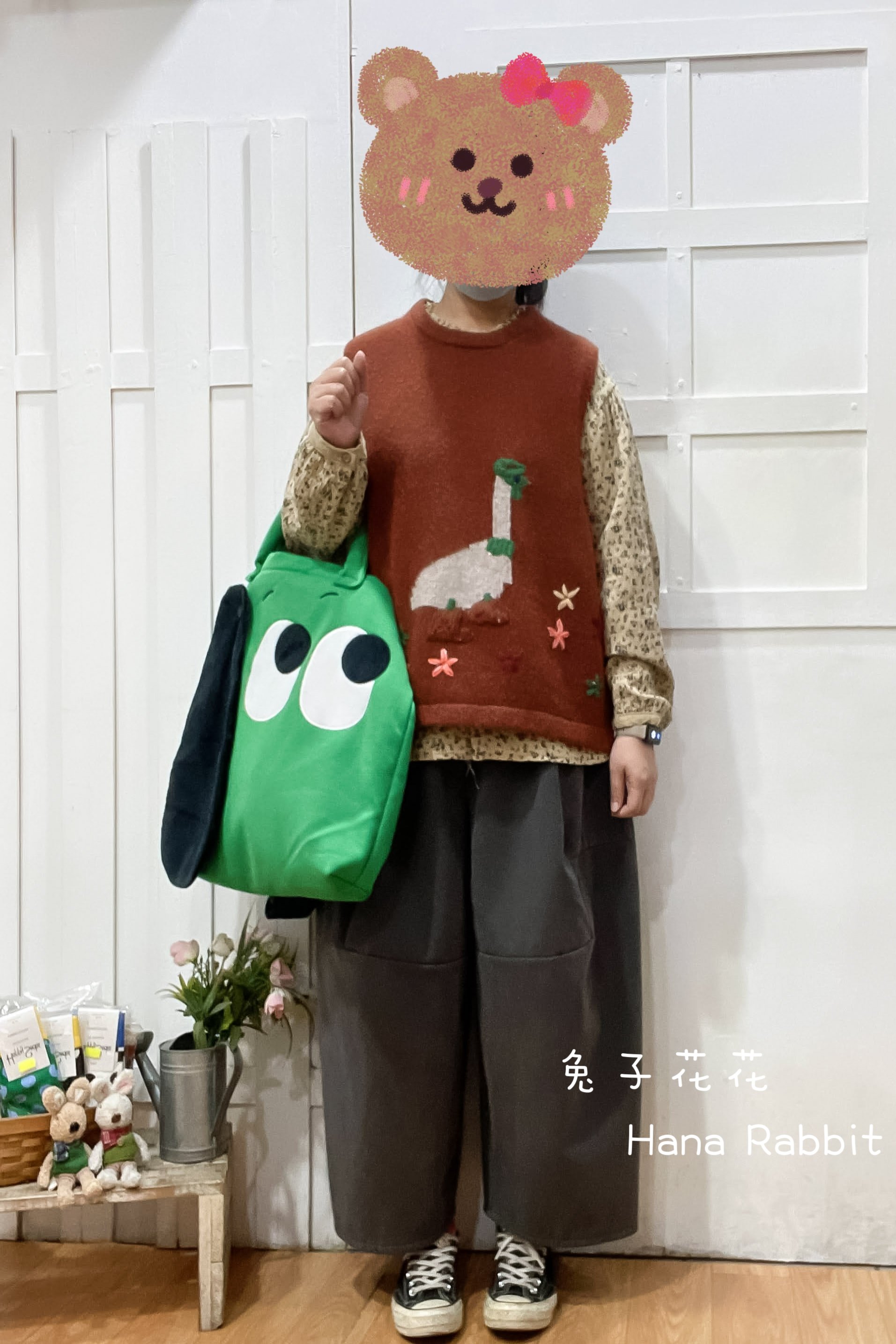 森系花朵小鴨針織背心(棗紅) 14053