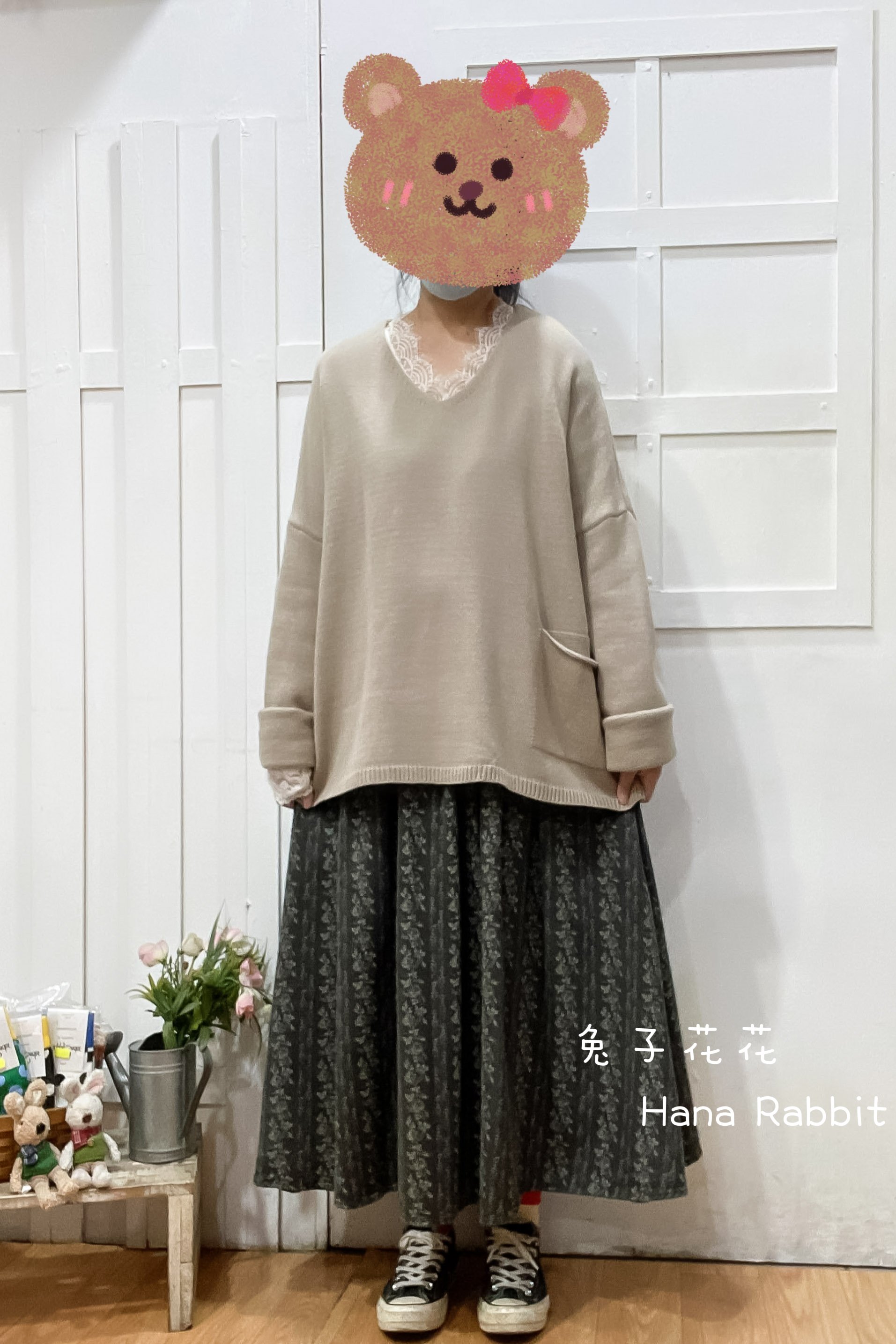 日系V領小口袋簡約針織毛衣(杏) 21108