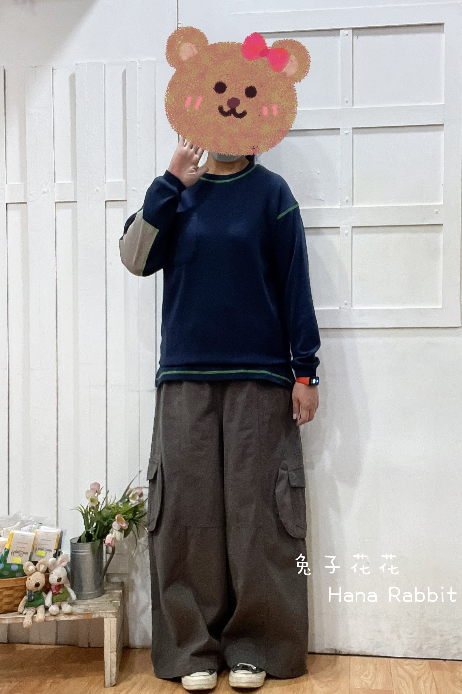 明線袖補丁彈力棉上衣(藍) 14573