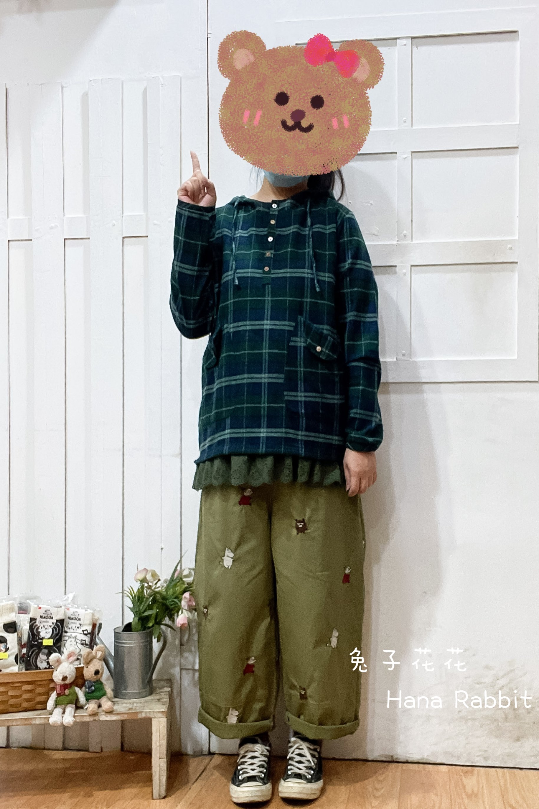 日系不敗款格紋連帽縮腰棉麻上衣(綠) 20930