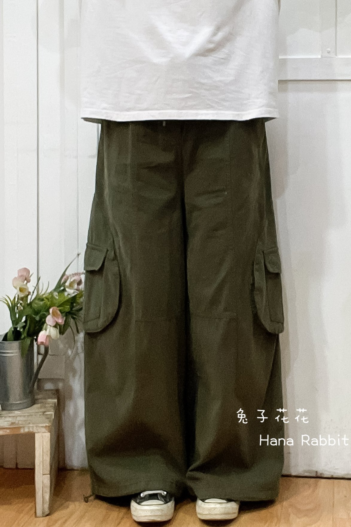 日系可縮腳內磨毛落地工裝造型褲(綠) 16969