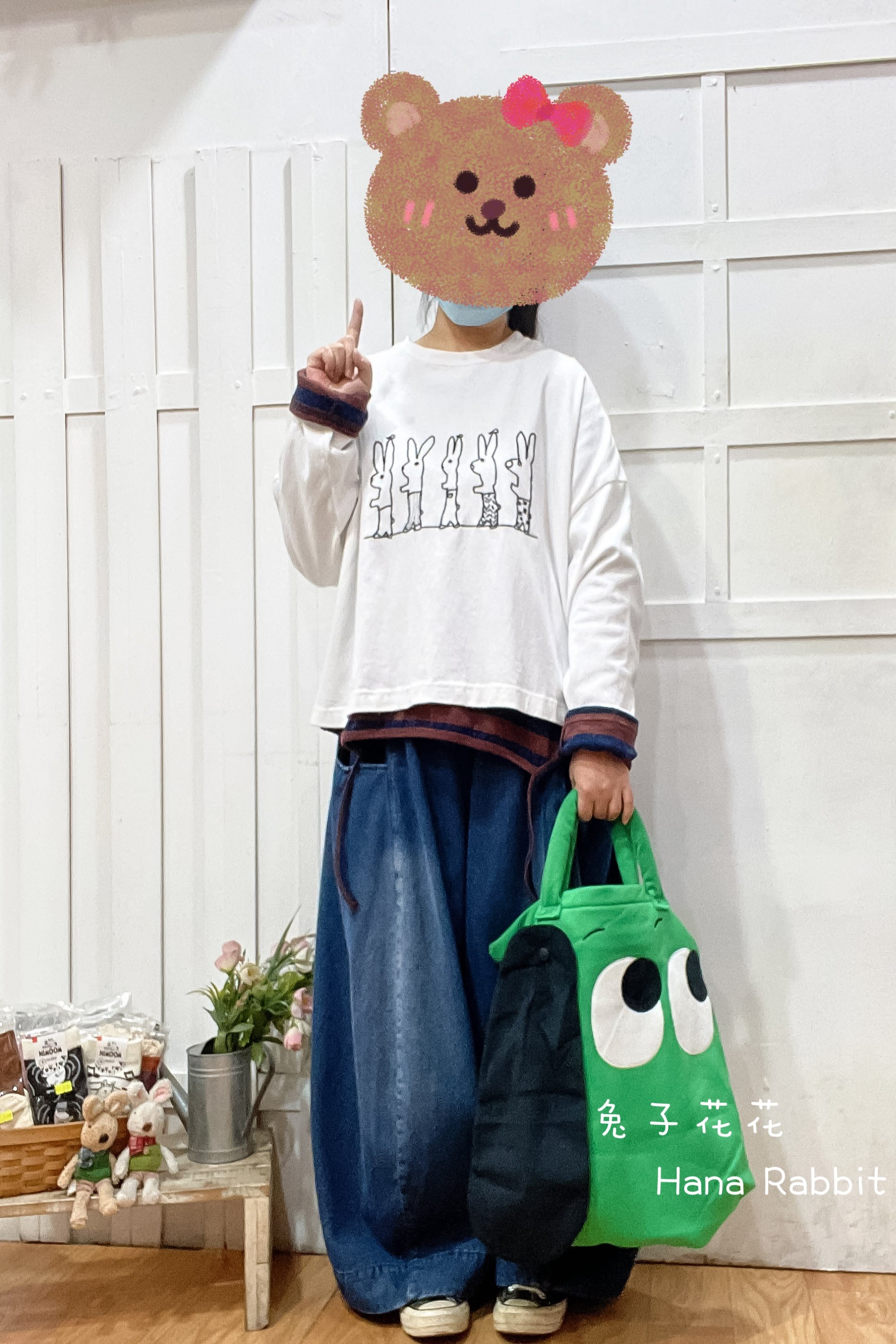 刺繡跳舞兔重磅棉上衣(白) 13364