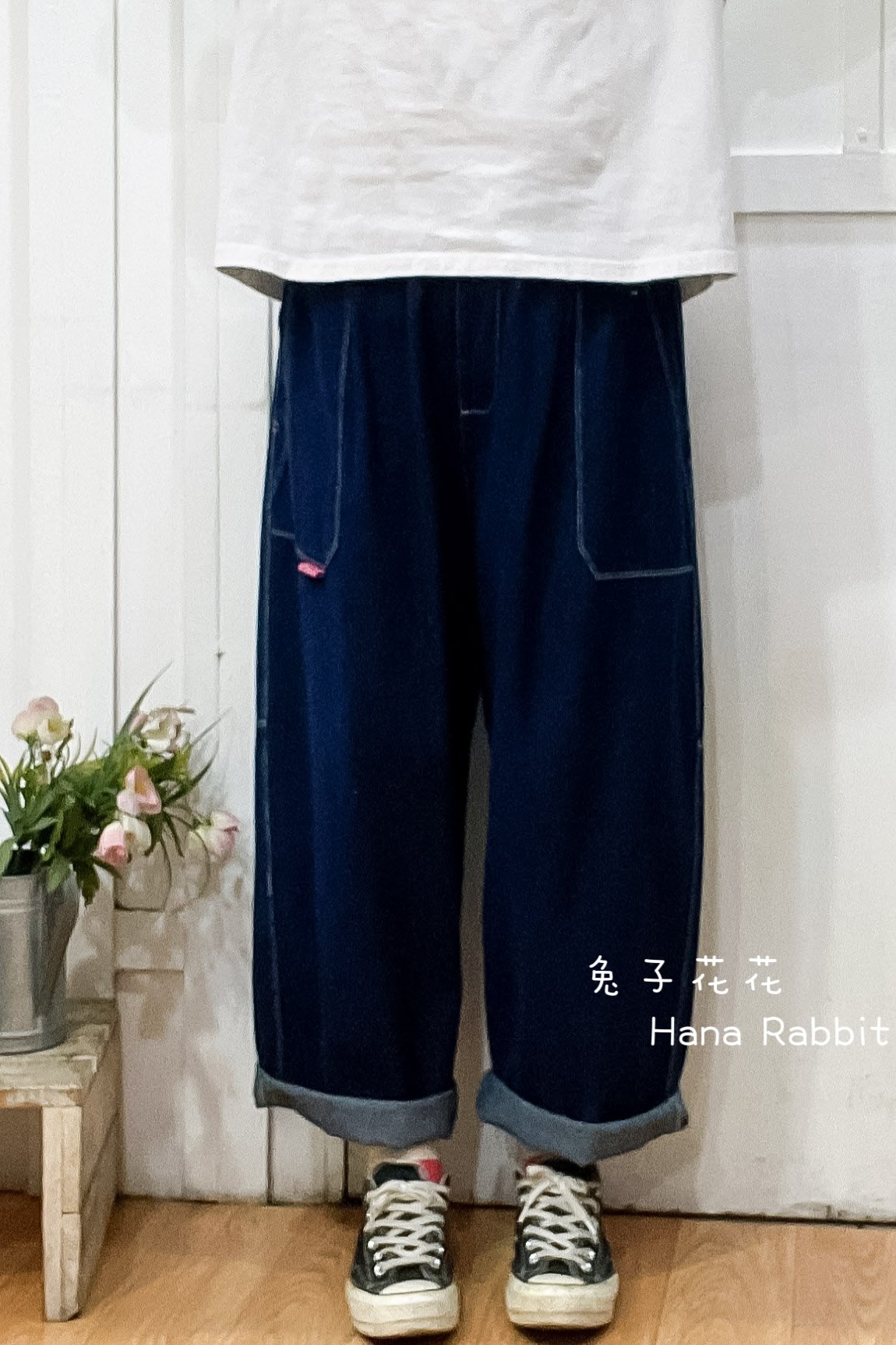 日系明線丹寧直筒褲 14294