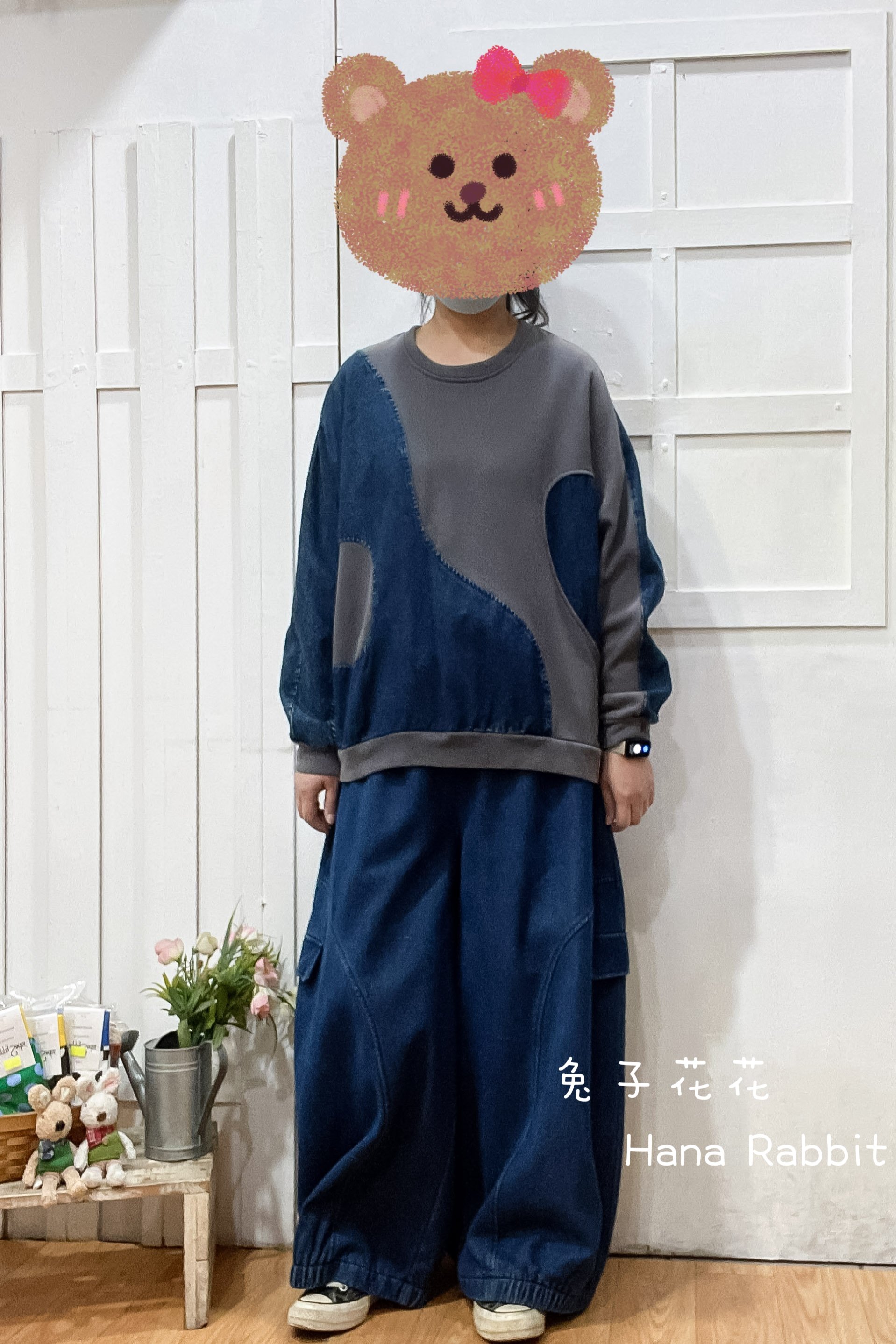 日系異布材質撞色上衣(灰) 21128