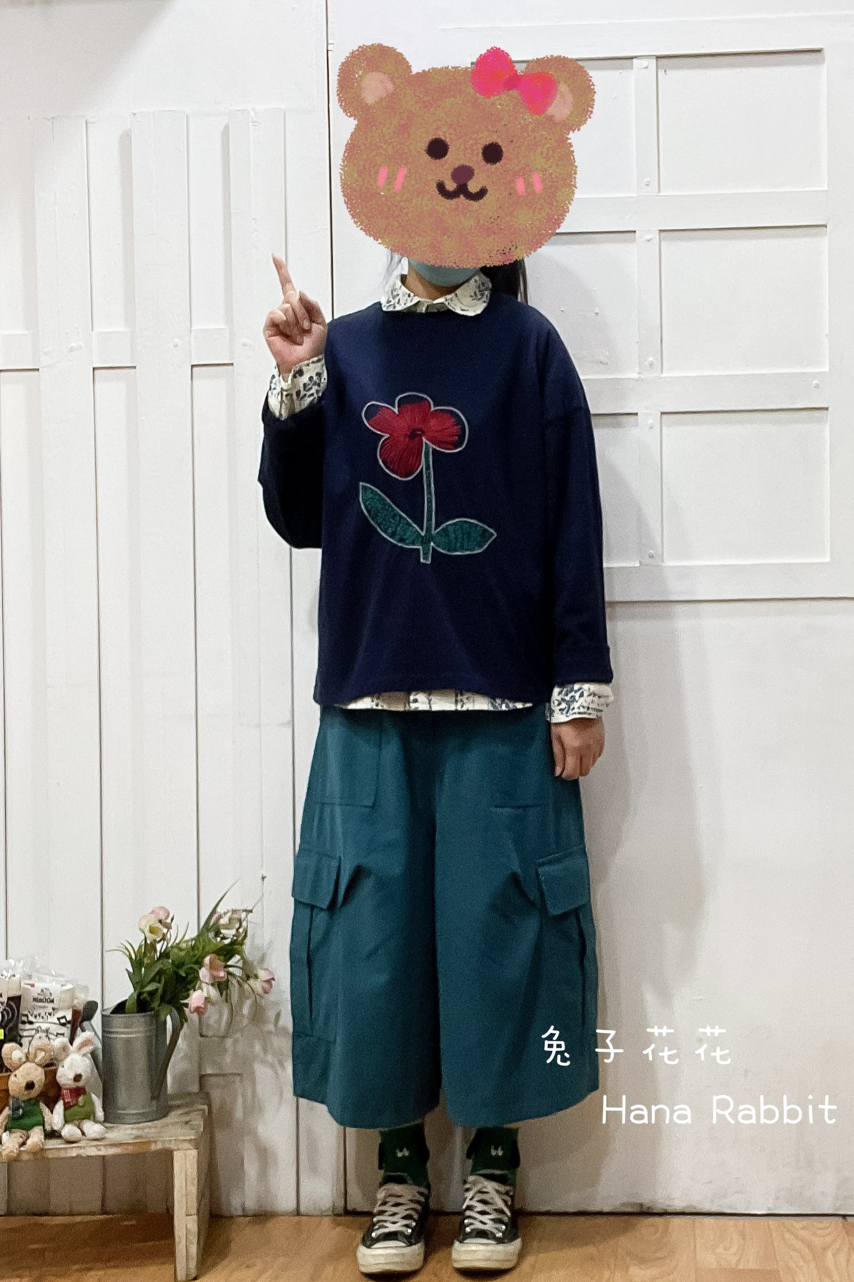 刺繡花重磅棉上衣(藍) 13314