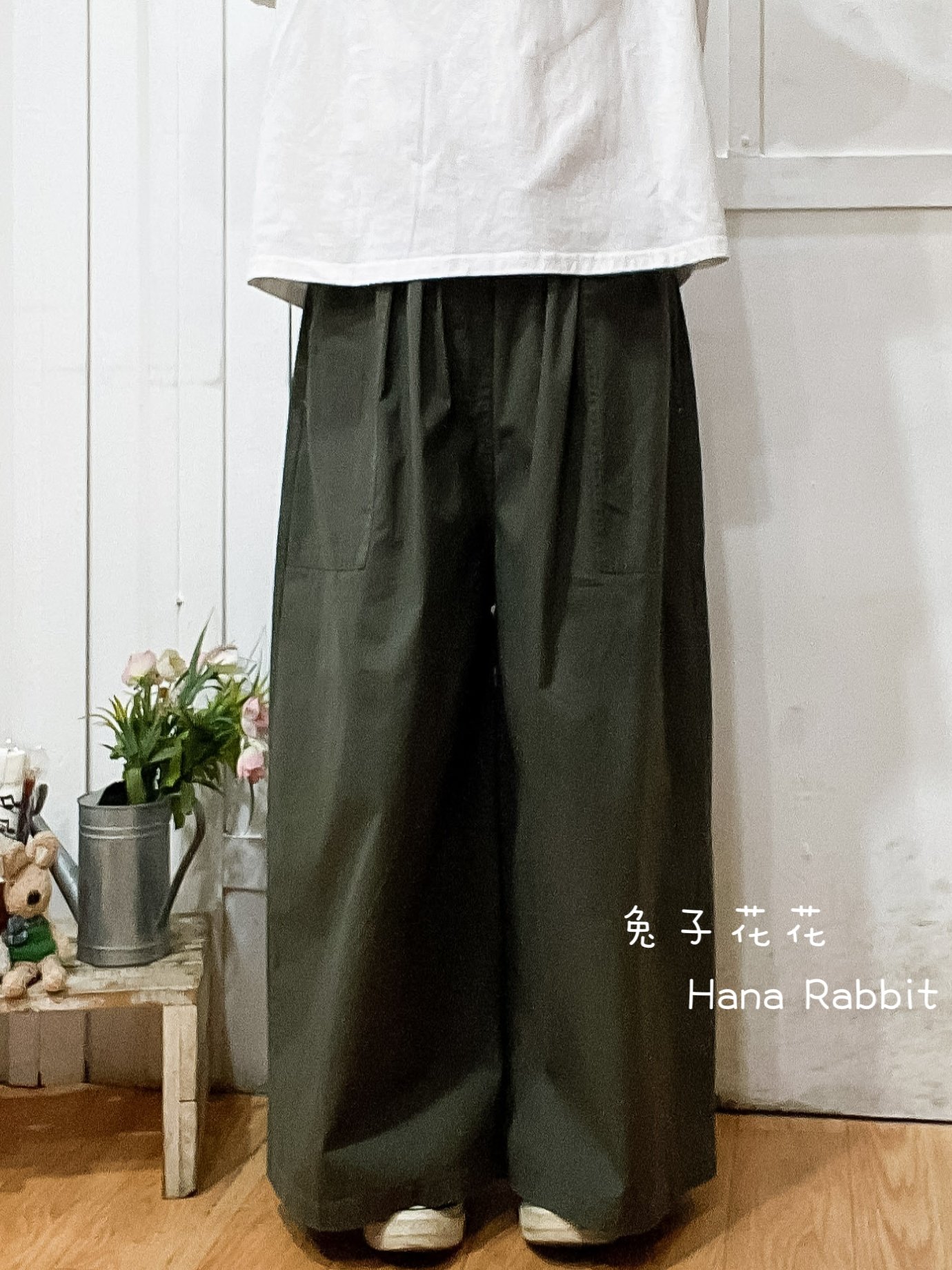 日系簡約彩繩闊腿寛褲(灰綠) 14413